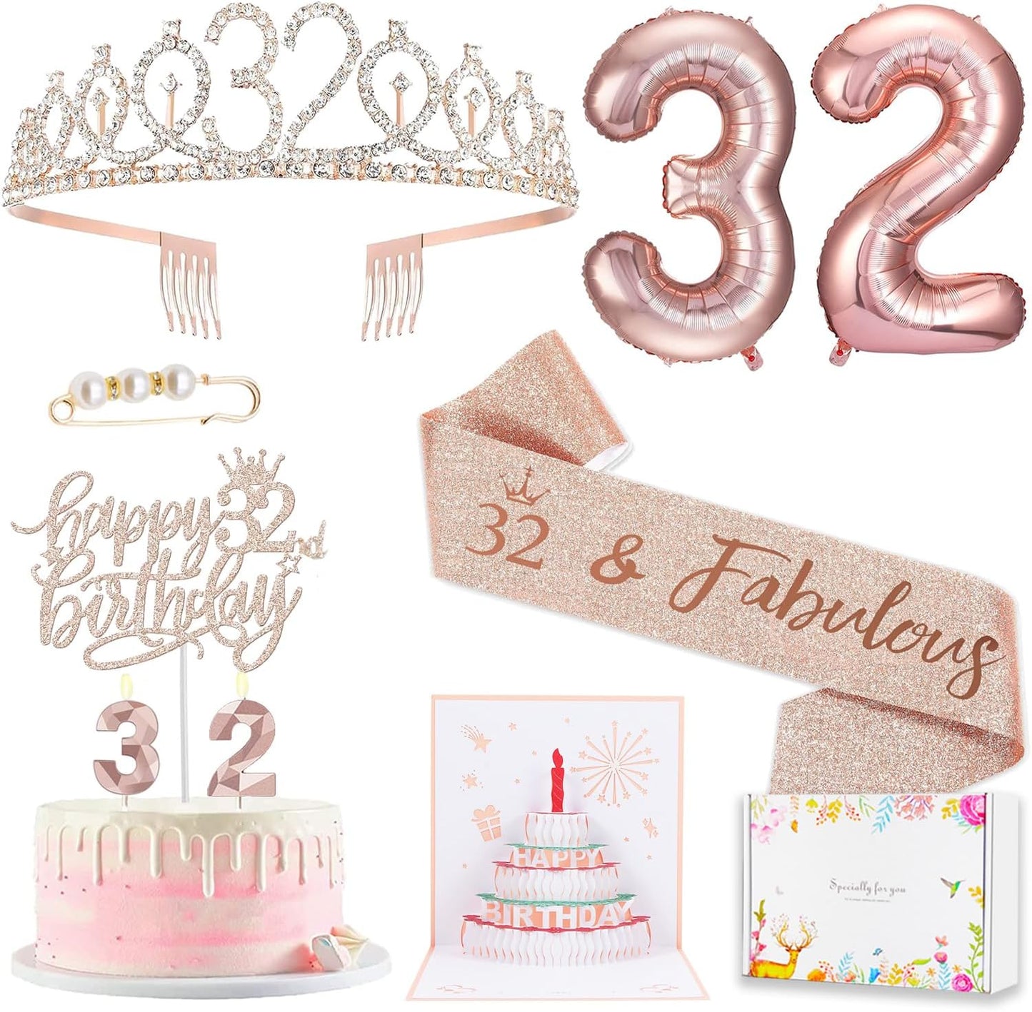 8pcs 40th Birthday Decorations gifts for Women, Including 40th Happy Birthday Cake Topper, Queen Sash with Pearl Pin, Sweet Rhinestone Tiara Crown for Women, Number Candles and Balloons (Rose Gold)