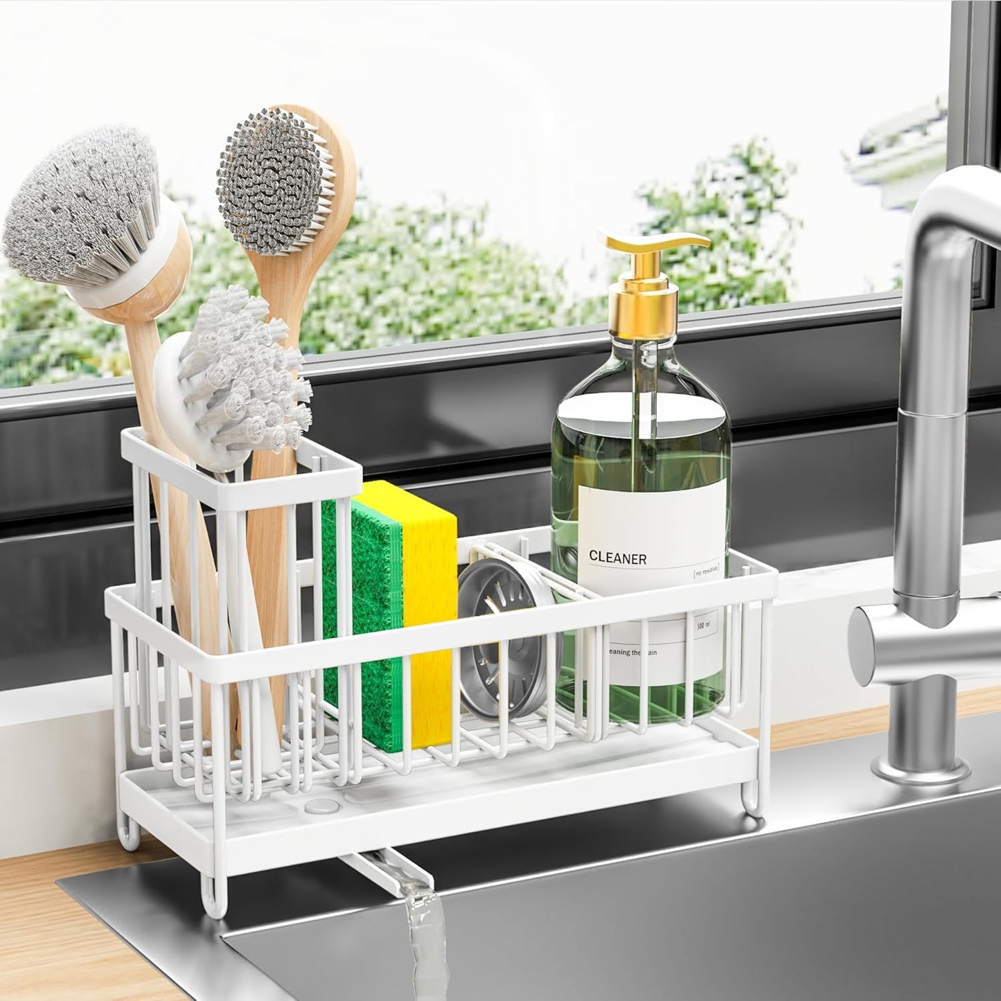 Cisily Sponge Holder for Kitchen Sink, Sink Caddy with High Brush Holder, Organzier Rustproof 304 Stainless Steel Dish Organizer Divider, Soap Dispenser Storage (Black)