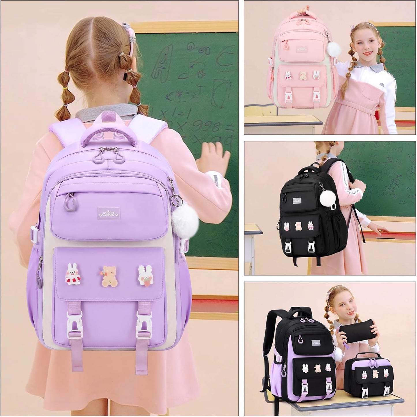 DIGOBAY Girls Backpack, School Backpack for Girls with Lunch Box Pencil Case Set for Teen Kids Girl Elementary Primary Middle High College School Bookbag with Cute Pins Pink