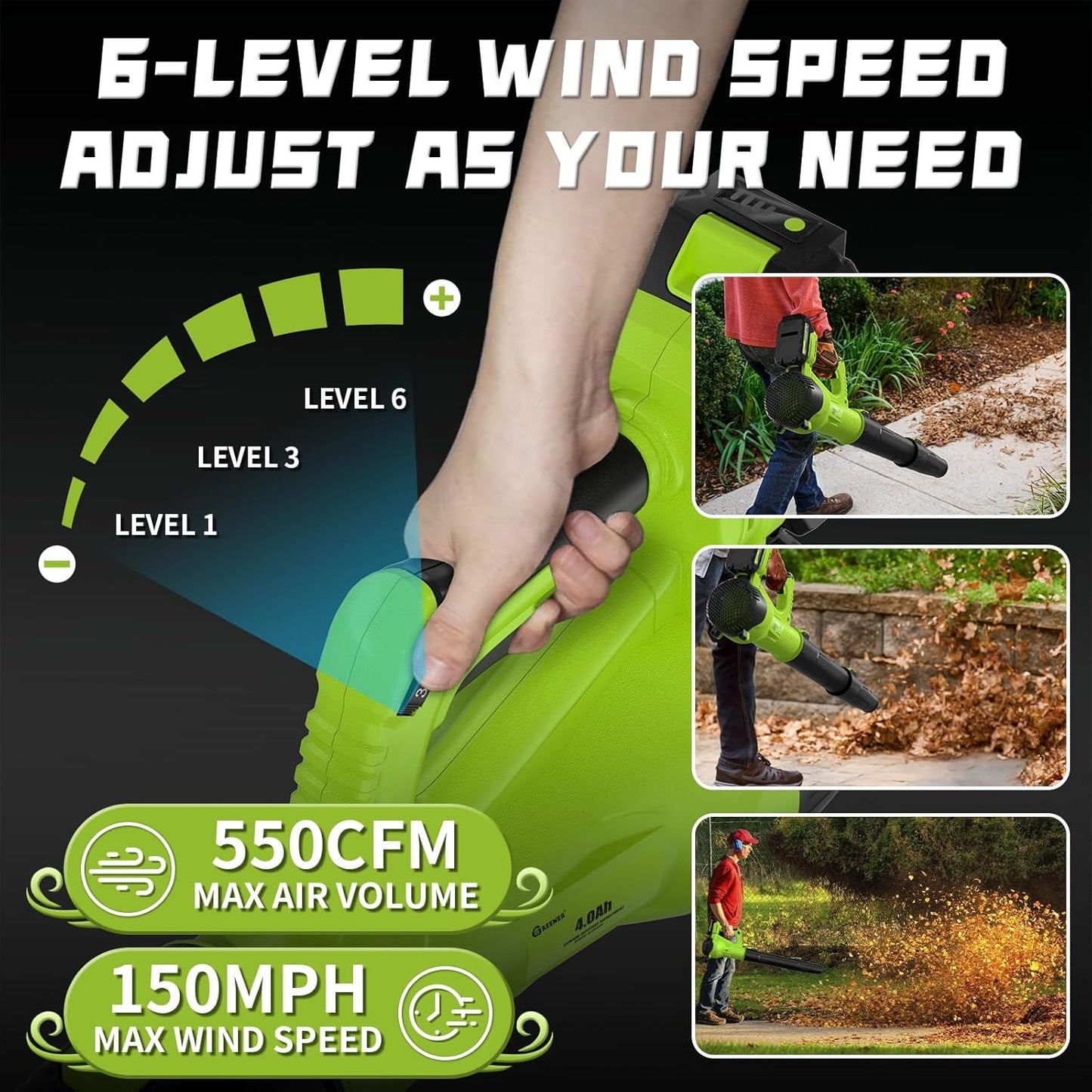 GREENER 21V Leaf Blower Cordless - 460CFM/145MPH Turbo Mode Electric Leaf Blower with 2 X 4.0Ah Battery and Fast Charger Included, Blowing Leaves and Dust, Patio Cleaning