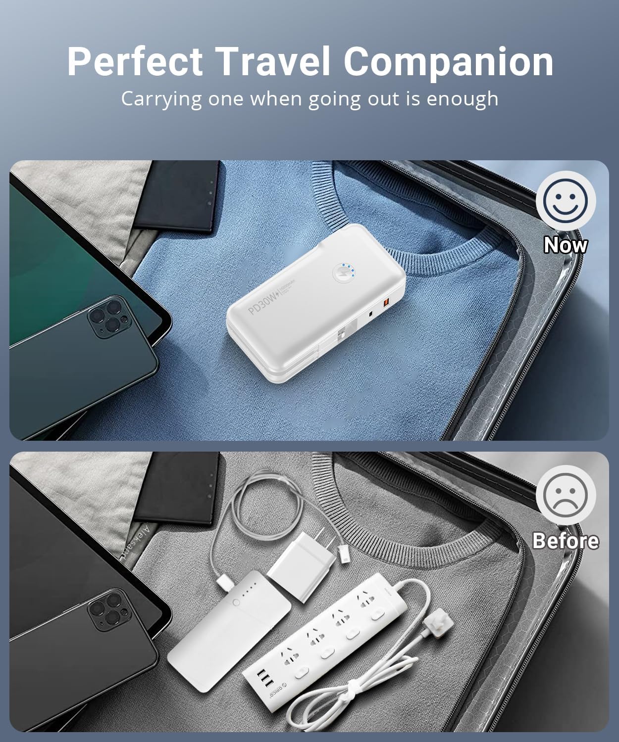 Portable Charger Power Bank 16000mAh Power Bank Built-in AC Wall Plug and Cables, PD 30W and QC4.0 Fast Charger for Most Electronic Devices (White)