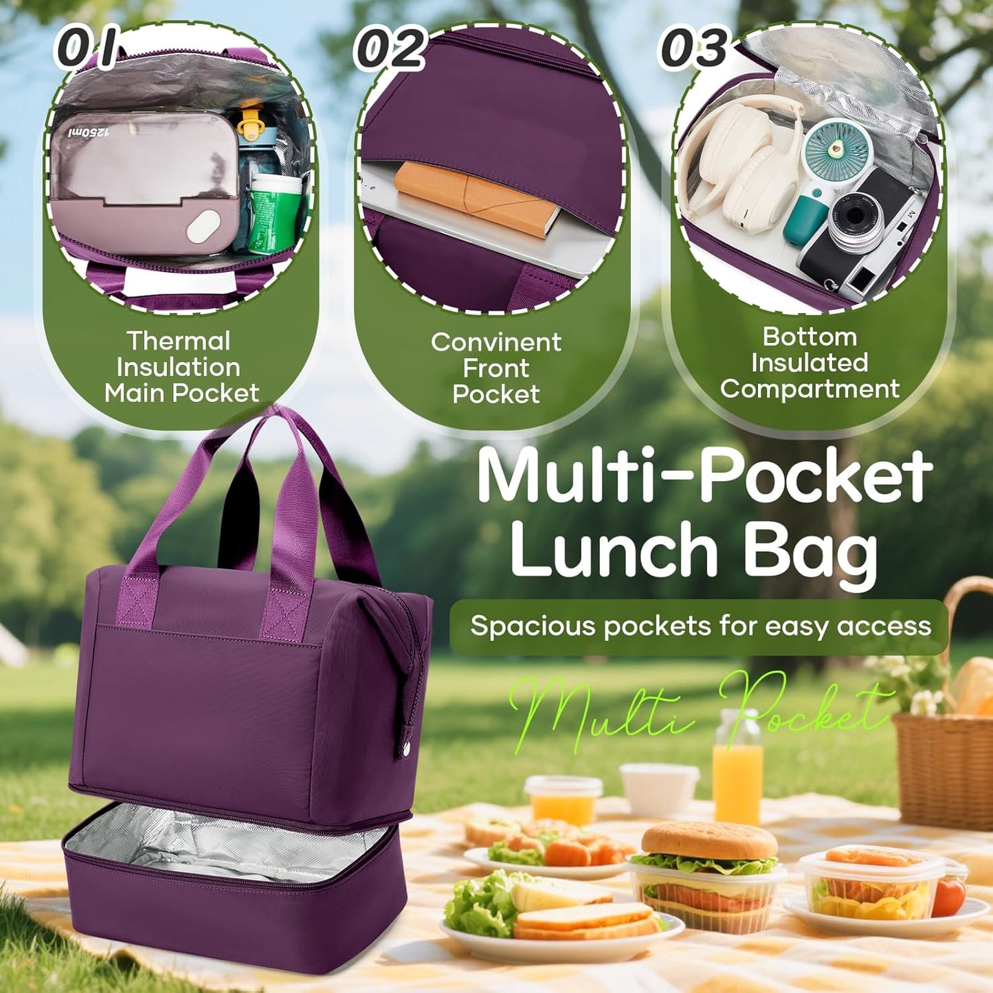 Lunch Bag Insulated Lunch Box Leakproof Lunch Tote Bags for Women Men,Portable Thermal Cooler Bag Lunch Containers with Shoulder Strap for Work, Family, Picnic, School, Outdoor,BBQ C2-Pinkpurple