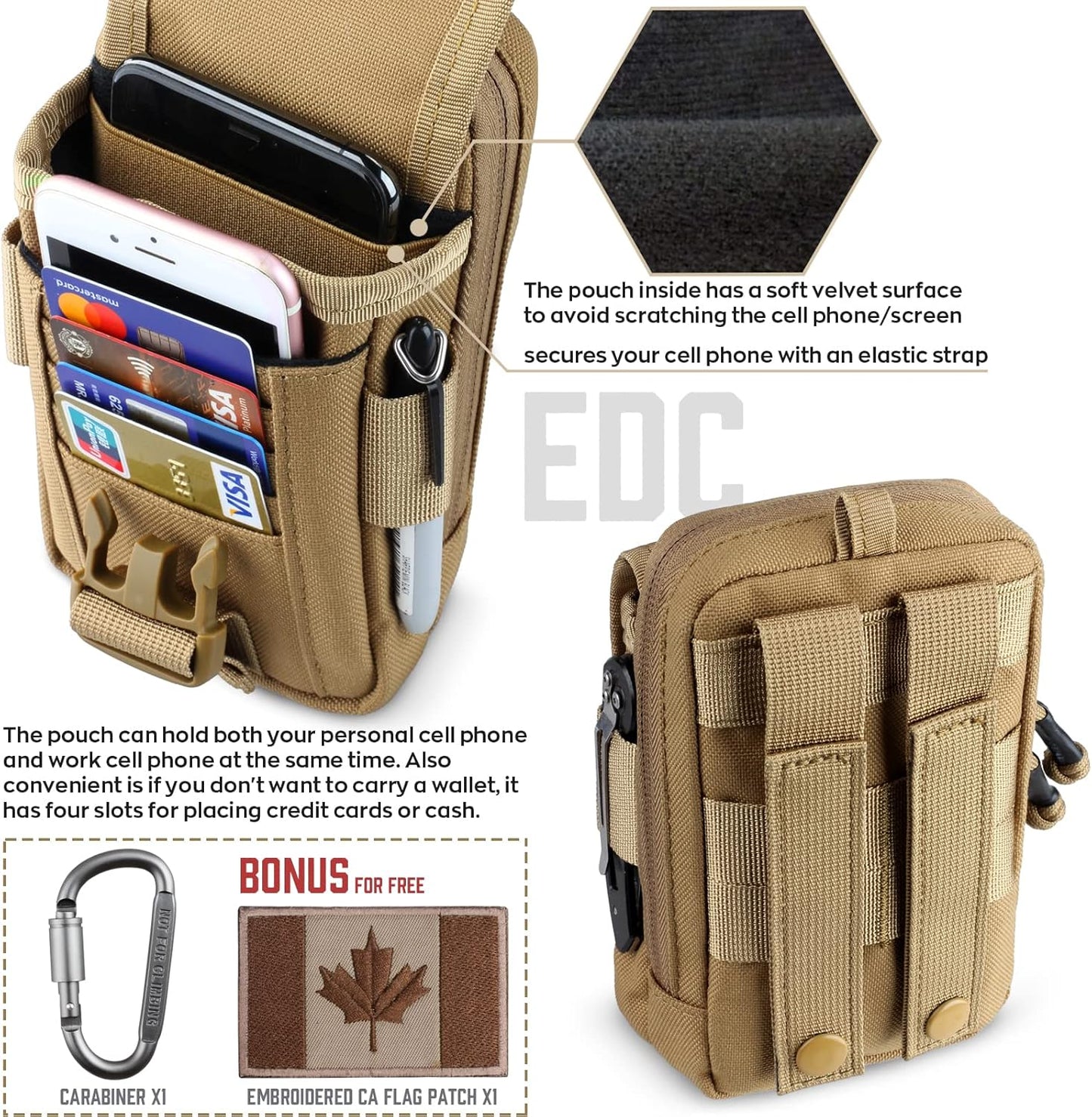 WYNEX Tactical Compass Phone Pouch, Large Molle Smartphone Holster Case Double Capacity Small Utility EDC Pouch with Compass Buckle and Carabiner