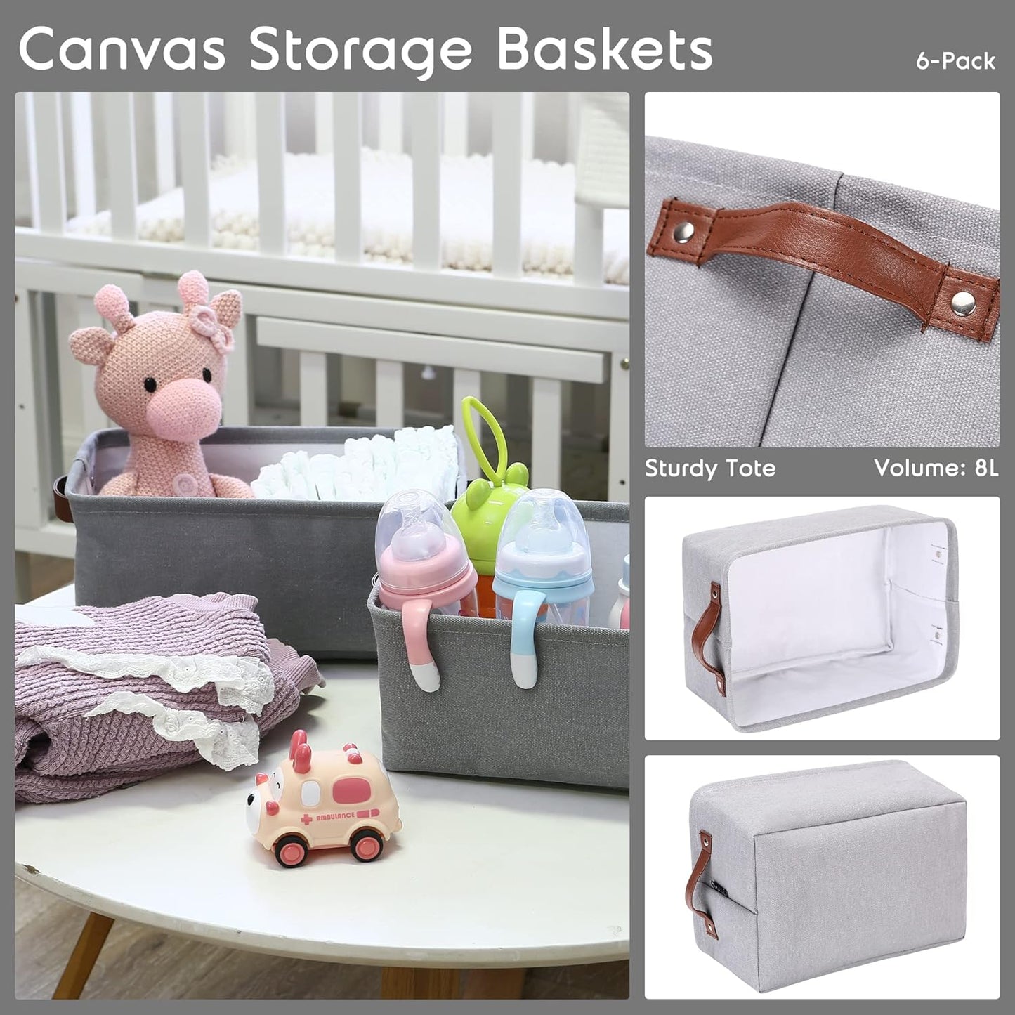 Hinwo 6-Pack Small Canvas Fabric Storage Baskets Set with Handles, Open Storage Bins, Cube Storage Organizer, Shelf Organizer Bins for Closet, 7.9L, 12 x 8 x 5 Inches, Grey Stripe