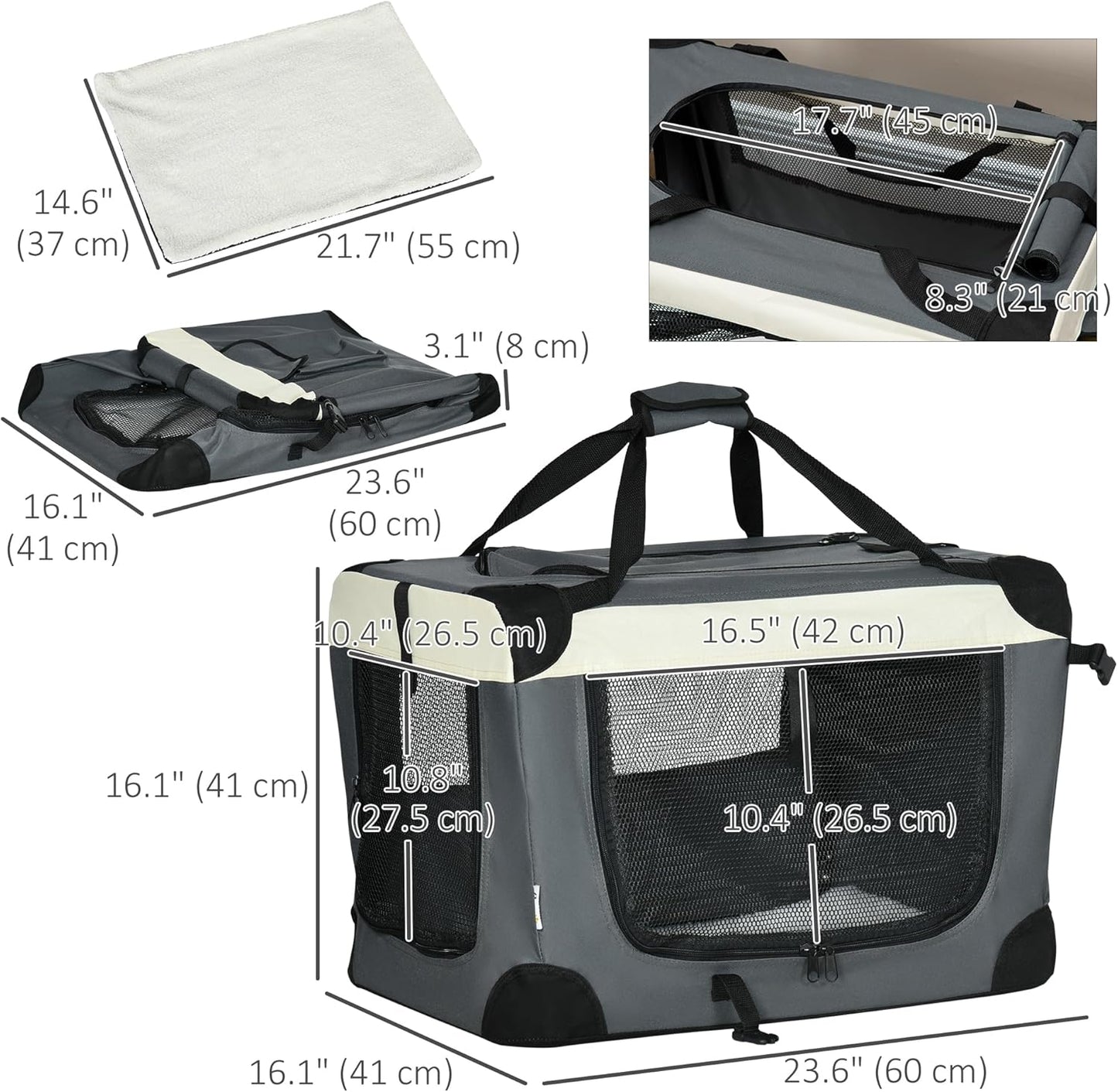 PawHut 60cm Foldable Pet Carrier Bag Soft Travel Dog Crate, Portable Cat Carrier w/Cushion, for Cats and Miniature Dogs - Grey