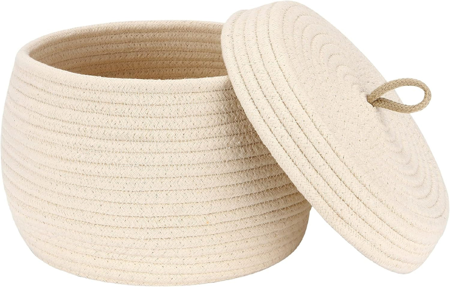 Sea Team Round Cotton Rope Storage Basket with Lid, Decorative Woven Storage Bin, Pot, Caddy, Organizer, Container for Snacks, Towels, Plants (Grey, Small)