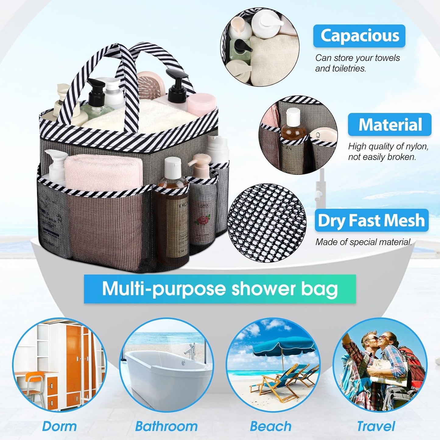 Attmu Mesh Shower Caddy Portable for College Dorm Room Essentials with 8 Pockets, Hanging Shower Caddy Basket Tote Bag Toiletry Accessories for Bathroom