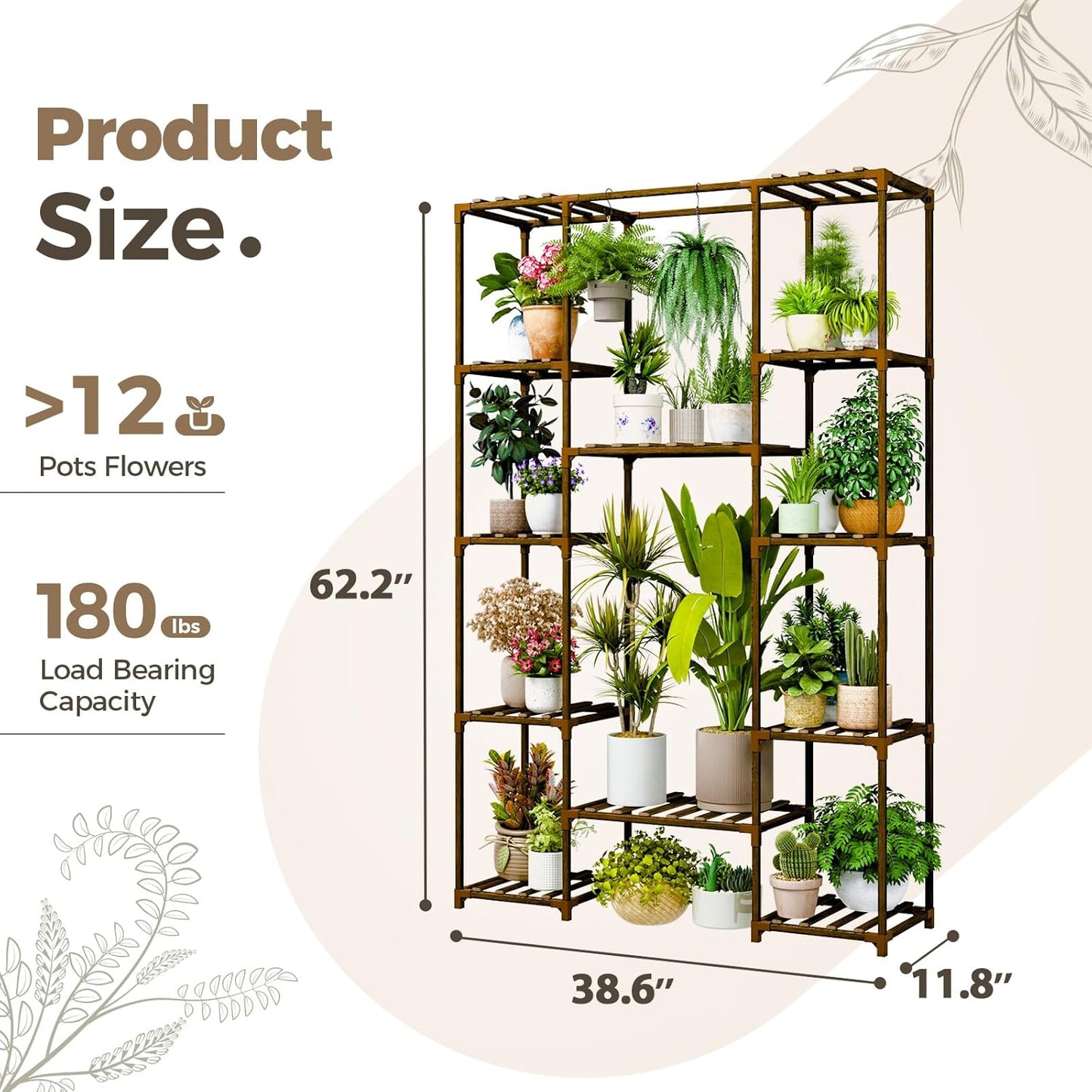 Bamworld Plant Stand Indoor Outdoor Hanging Plant Shelf for Multiple Plants Pots Wood Flower Stand Tall Large Flower Holder for Living Room, Patio, Balcony, Garden Decor, Brown