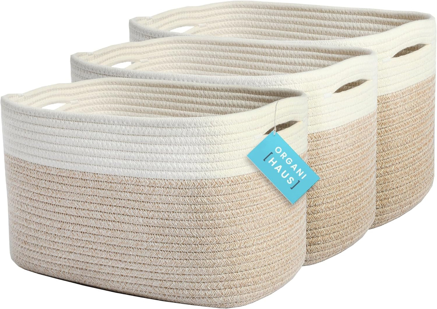 OrganiHaus Soft Woven Baskets for Storage Organization Set of 3, Cotton Rope Nursery Storage Baskets for Shelves, Square Book Bins, Bathroom Towel Hamper, Dog Toy Bins, Panier Rangement - Light Honey