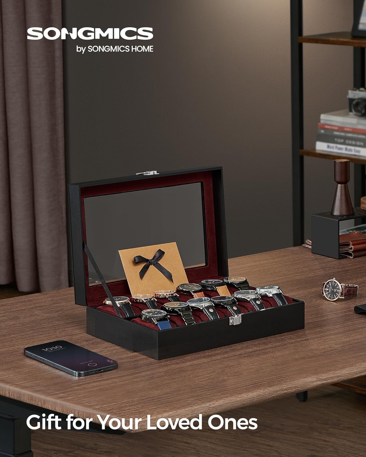 SONGMICS Watch Box, 6-Slot Watch Case, Watch Box Organizer, Black Synthetic Leather, Greenish Gray Lining UJWB06BK