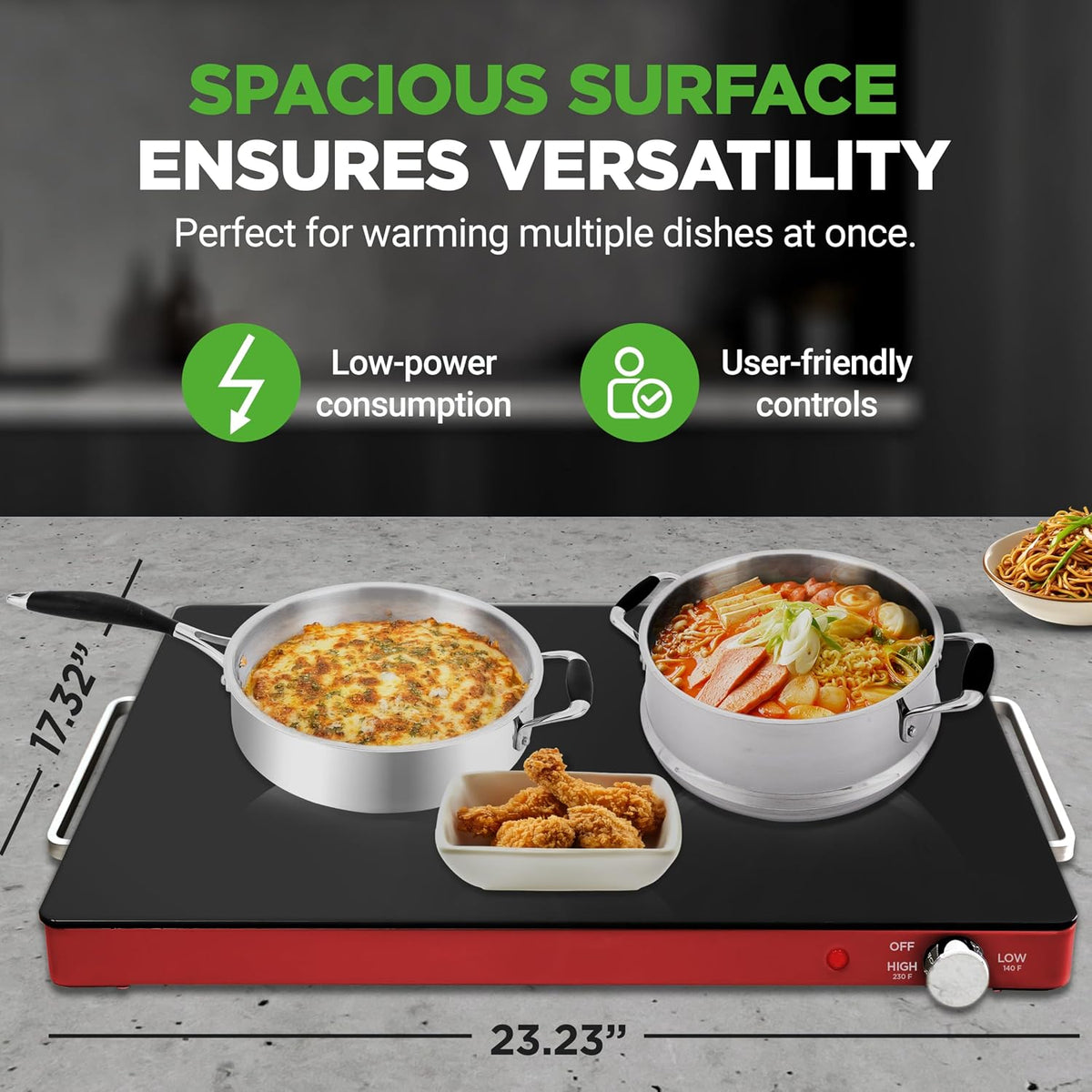 NutriChef Electric Warming Tray, 21" x 16" Glass Food Warmer for Buffets