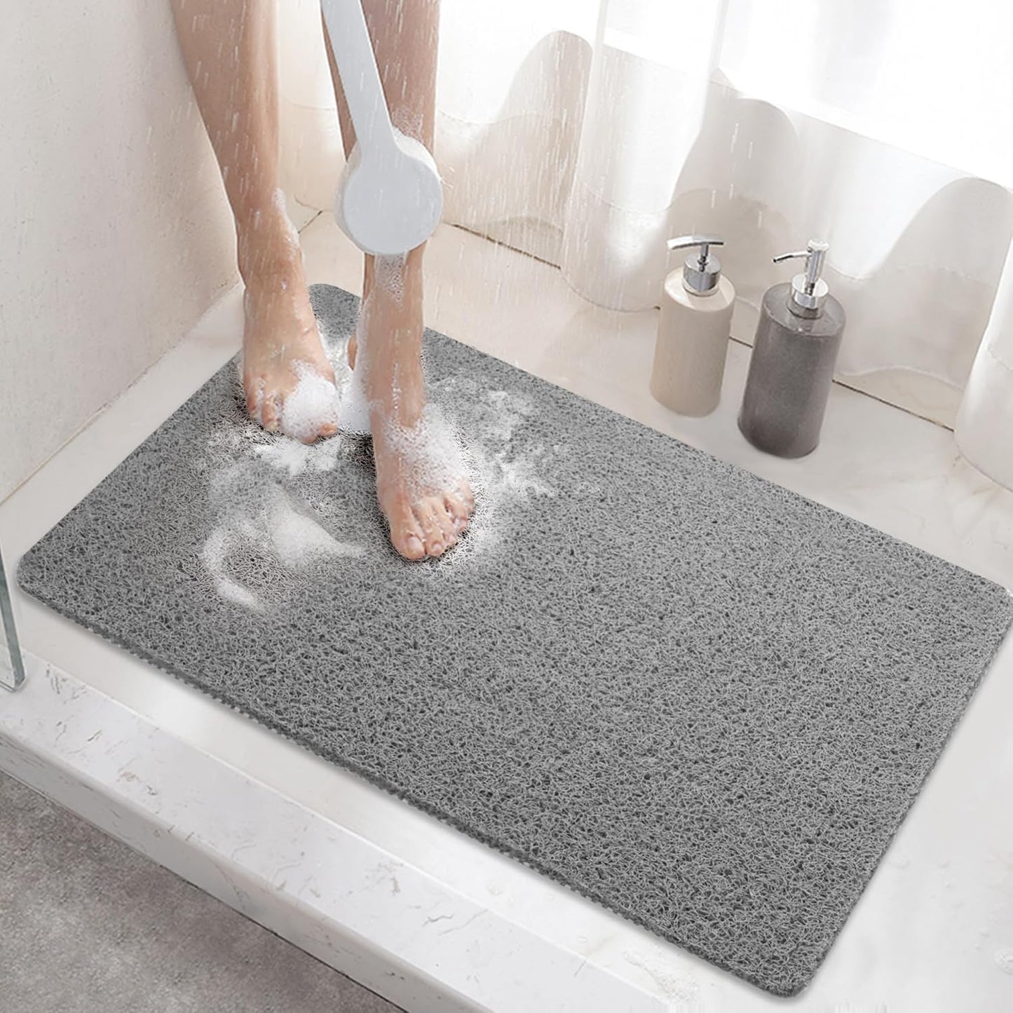 HITSLAM Shower Mat Non Slip, 24 x 16 Inch Bathtub Mat Non Slip with Drain, Soft PVC Loofah Bath Mat for Tub, Quick Drying Bathroom Shower Mat, Grey