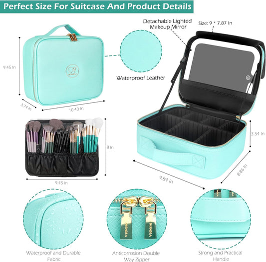 MOMIRA Travel Makeup Bag, Adjustable Brightness in 3 Color Scenarios, 10x Magnifying Glass, Detachable Independent Mirror - Aqua Blue - PuriLite