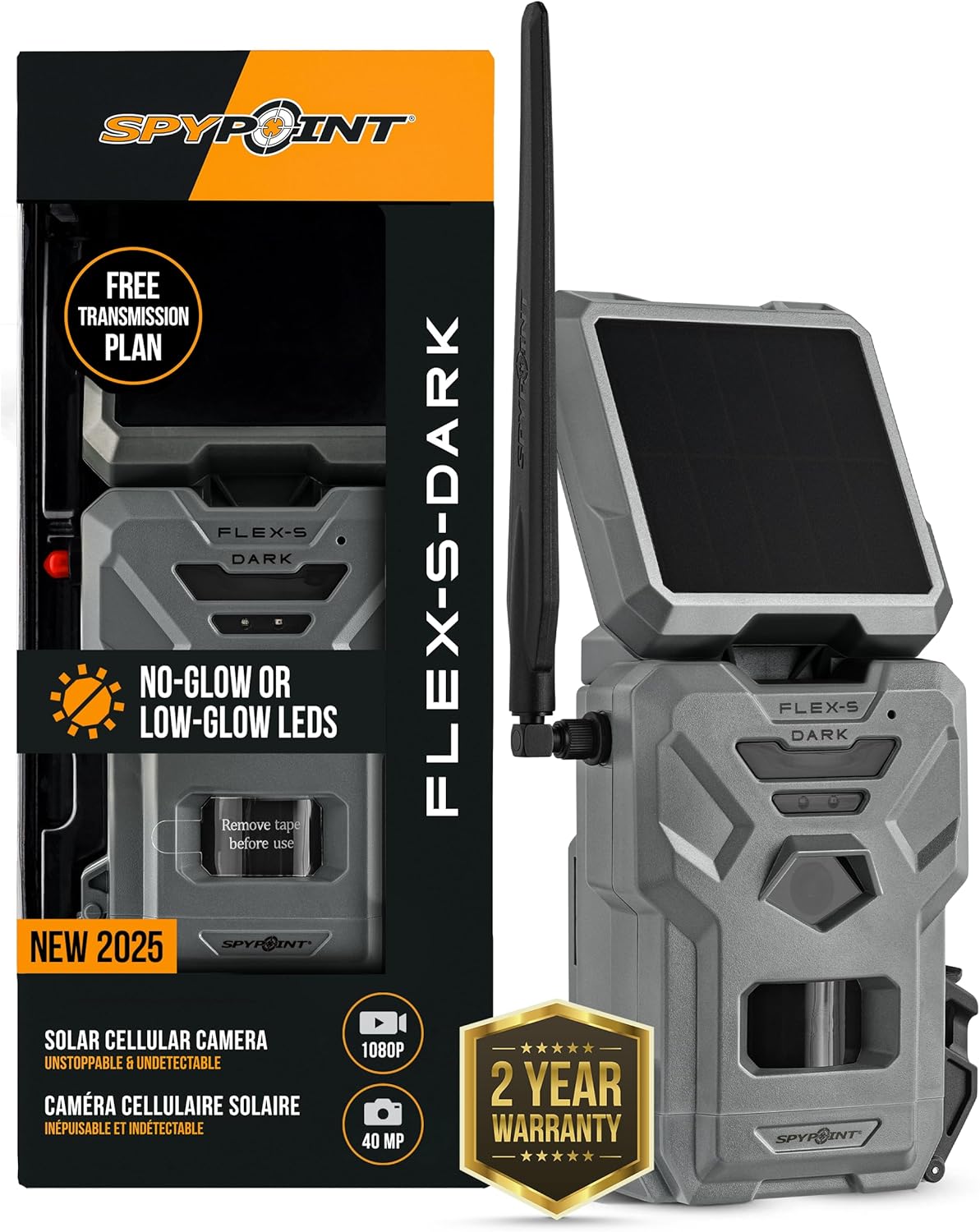SPYPOINT Flex-S Dark Ultimate Pack Solar Outdoor Cellular Trail Camera - Integrated Solar Panel, No WiFi Needed, Night Vision Motion Activated, Dual-Sim LTE, 40MP Photos and 1080p w/Sound