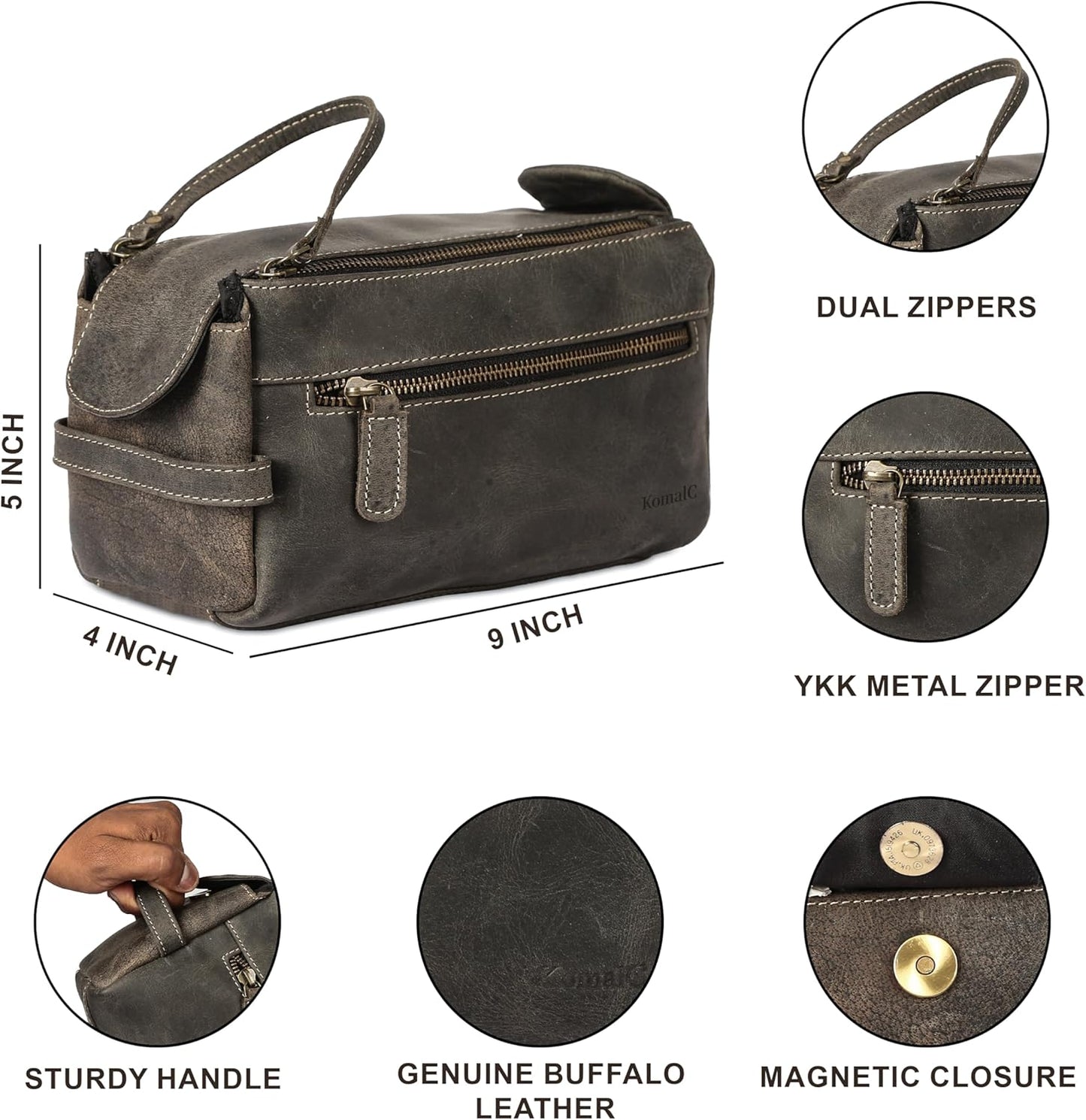 Premium Buffalo Leather Unisex Toiletry Bag Travel Dopp Kit Shaving kit (Distressed Tan)