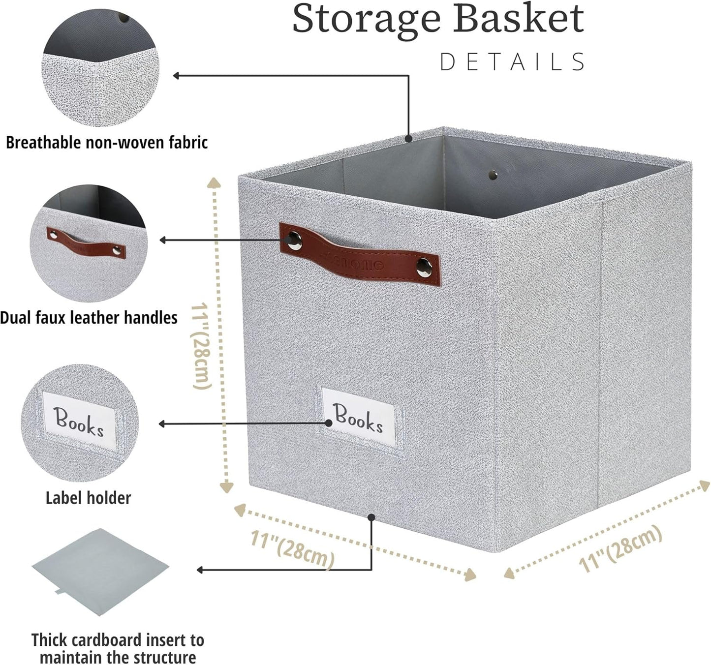 DECOMOMO Cube Storage Bin, Storage Cubes with Labels, Baskets for Shelves Kallax Linen Closet Organizers (Cube 10.5x11"/ 6pcs, Black)
