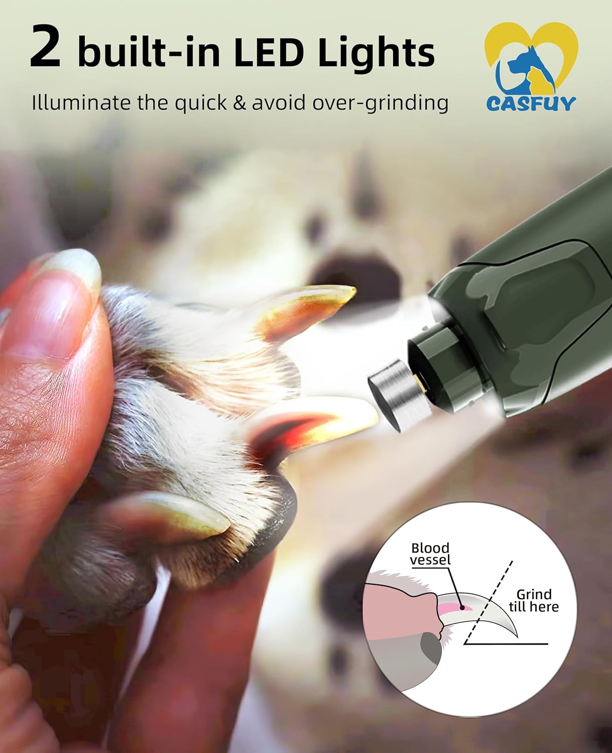 Casfuy Dog Nail Grinder Quiet - (45db)6-Speed Pet Nail Grinder with 2 LED Lights for Large Medium Small Puppy Dogs/Cats, Professional 3 Ports Rechargeable Electric Dog Nail Trimmer with Dust Cap(Blue)