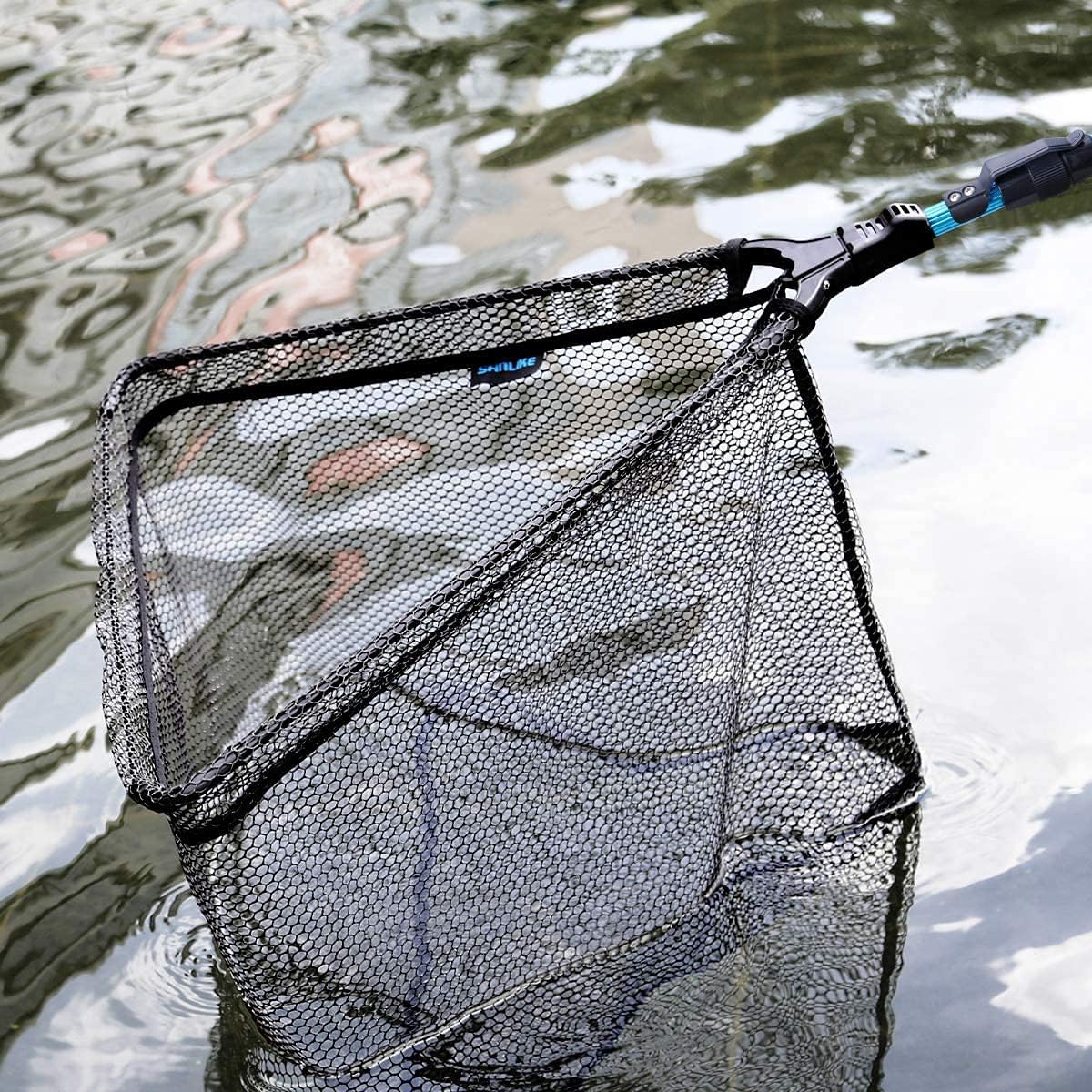 SAN LIKE Fishing Net Telescopic Landing Nets Folding Rubber Fish Net Rubber Coated Landing Net with Adjustable Sturdy Pole Handle for Saltwater Freshwater Bass Trout Fishing Easy Catch & Release