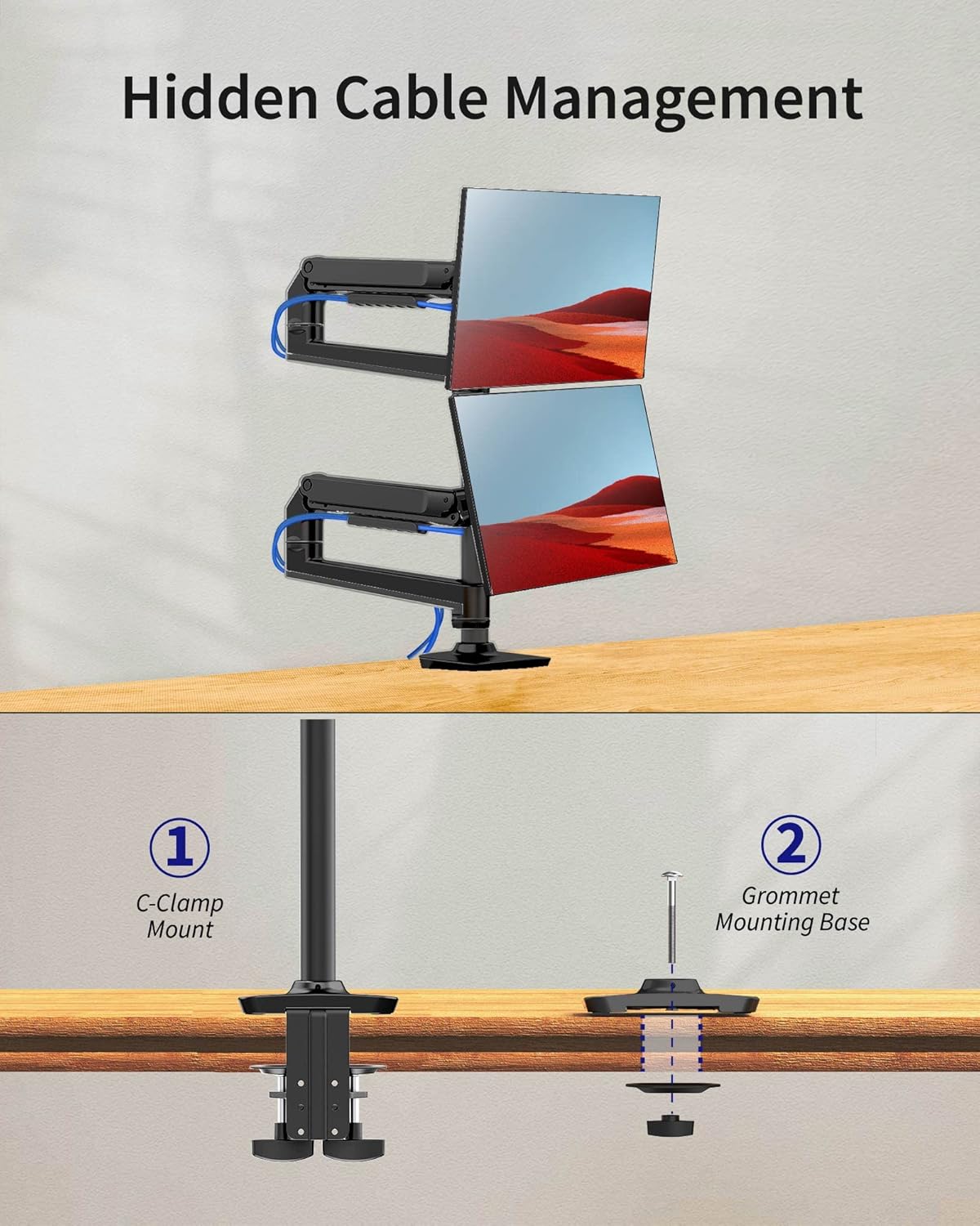 ErgoUnion Dual Monitor Stand for Desk, Vertical Dual Monitor Mount with Wide Range of Motion, Dual Monitor Arm for 17-40" Screen up to 25 lbs Each, Computer Monitor Stand for 2 Monitors - Black