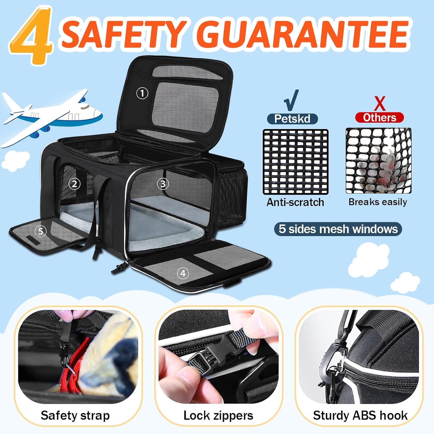 Petskd Top and Side Expandable Pet Carrier 17x12x8.5 Inches JetBlue Frontier Spirit Airline Approved, Soft-Sided Carrier for Small Cats and Dogs with Locking Safety Zipper and Anti-Scratch Mesh(Black)