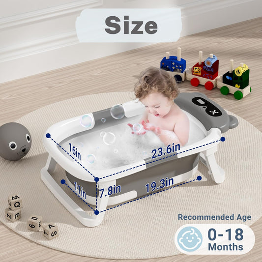 AVIDOR Baby Bathtub, Collapsible Baby Tub for Newborn to Toddler 0-18 Months, Foldable Infant Bathtub with Bath Net, Bear Grey - PuriLite