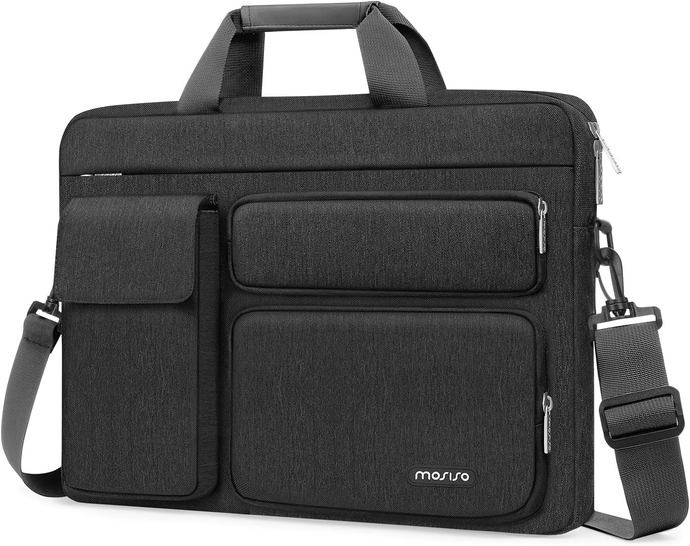 MOSISO Laptop Bag 13.3 inch, 13-13.3 inch Computer Shoulder Bag Compatible with MacBook Air/Pro 13/Pro 14, HP Dell ASUS Notebook &2 Raised&1 Flapover&1 Horizontal Pocket&Handle&Belt, Black