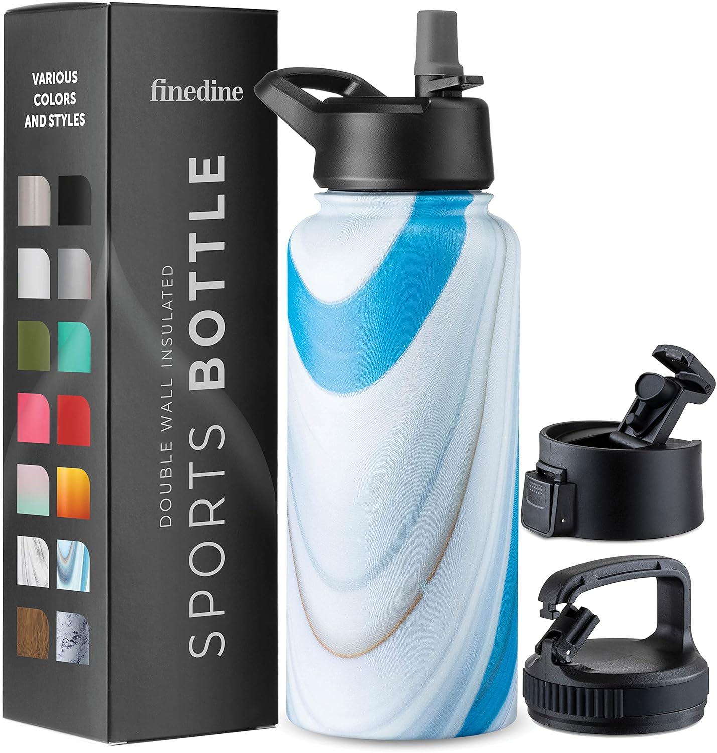 FineDine Water Bottle - Stainless Steel Insulated Water Bottle with Straw Lid, Flip Lid & Wide-Mouth Cap - Keeps Hot and Cold - 25 Oz / 739ml - Pure Pearly White