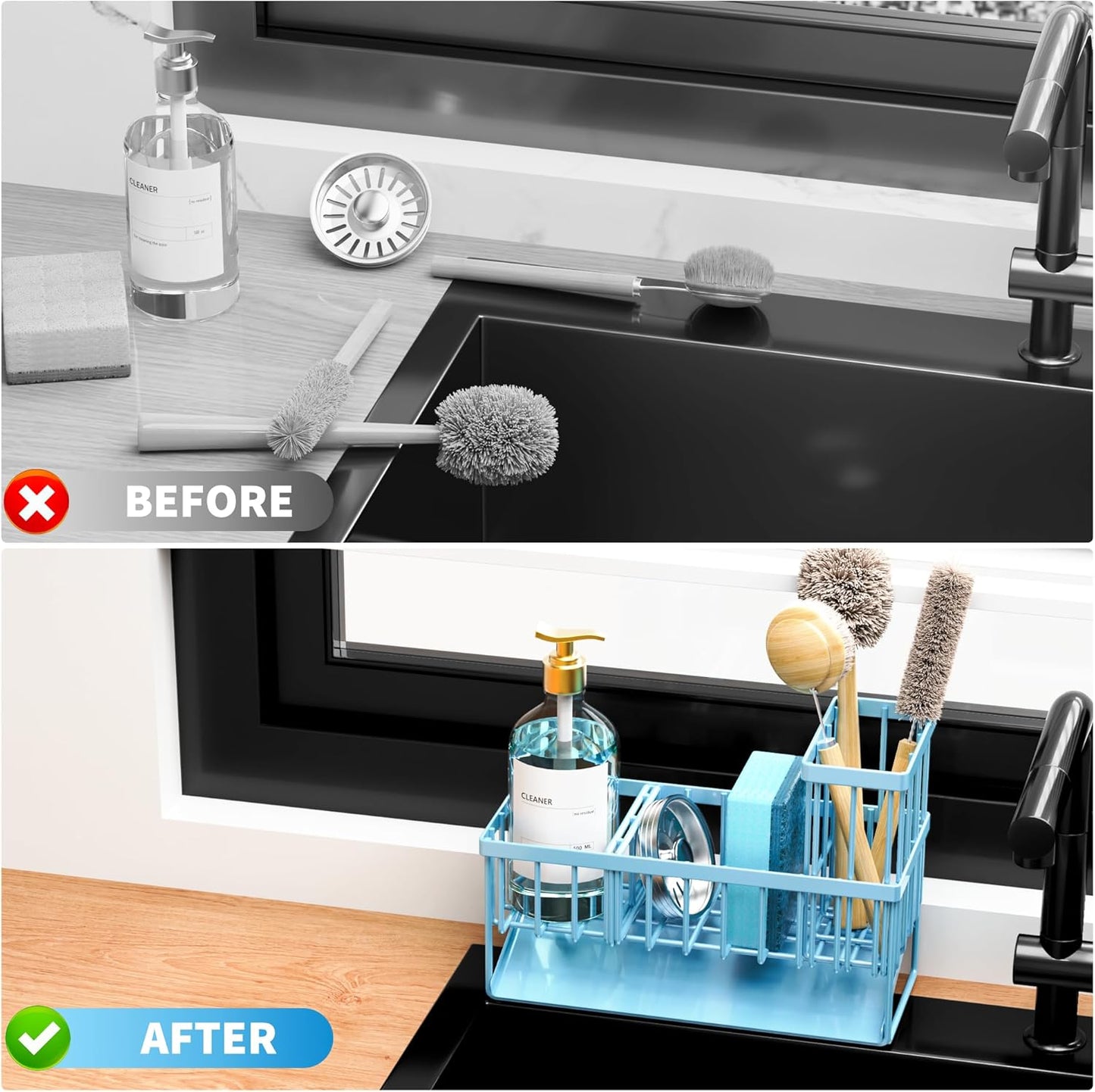 Cisily Kitchen Sink Caddy Organzier with High Brush Holder, Sponge Holder for Sink, 304 Rustproof Stainless, Kitchen Countertop Soap Dispenser Organizer, Kitchen Decor and Accessories (Black)