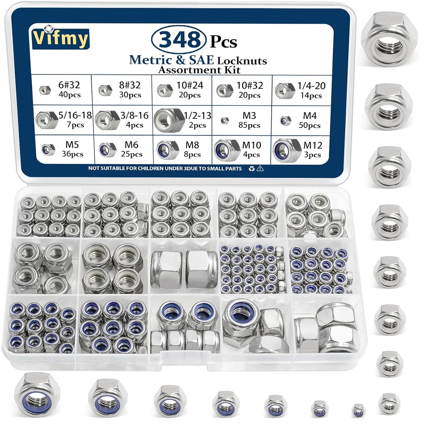 Vifmy 110 Pack 1/4"-20 Inch Lock Nuts,304 (A2-70) Stainless Steel Nylon Insert Locknuts,Standard Inch Thread Nylock Nuts for Bolts