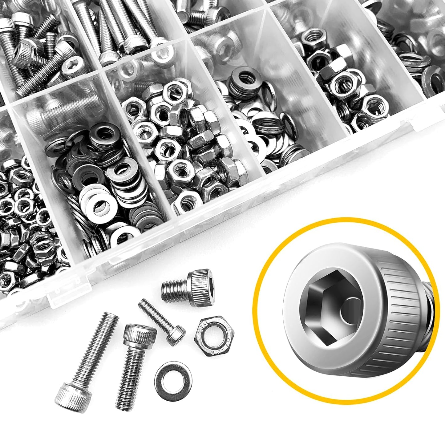 Mywish 900Pcs Metric Screw Assortment, M3 M4 M5 M6 Screw Assortment Kit 304 Stainless Steel Hex Socket Button Head Socket Cap Metric Screws Bolts & Flat Washers/Nuts/Hex Wrenches 16 Sizes 8MM to 20MM