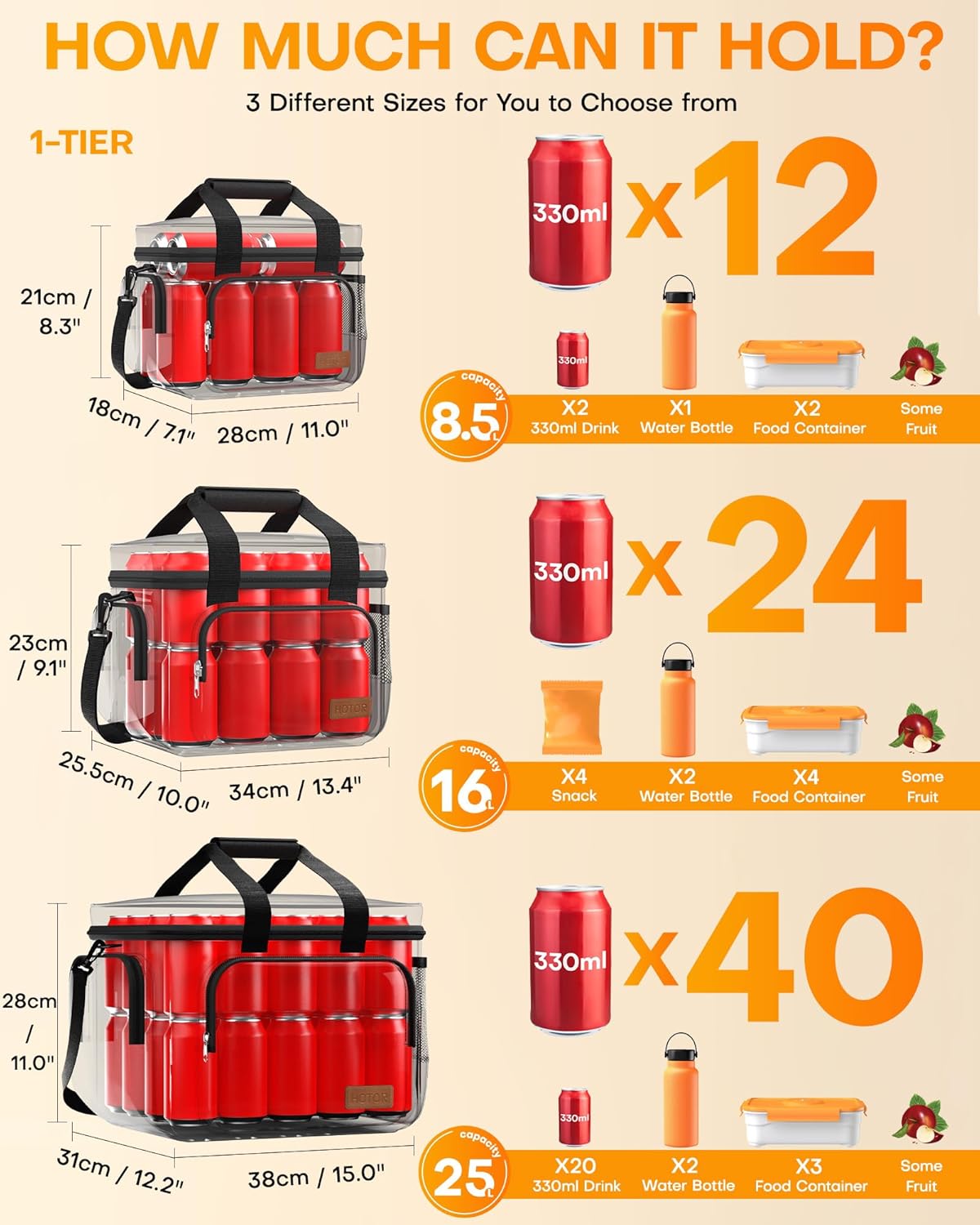 HOTOR Lunch Box for Men and Women - Leak-Proof Insulated Lunch Bag with Adjustable Shoulder Strap, Cooler Lunch Bag for Office, Picnic, Hiking, Beach, 1 Layer, Black, 11.0" x 7.1" x 8.3"