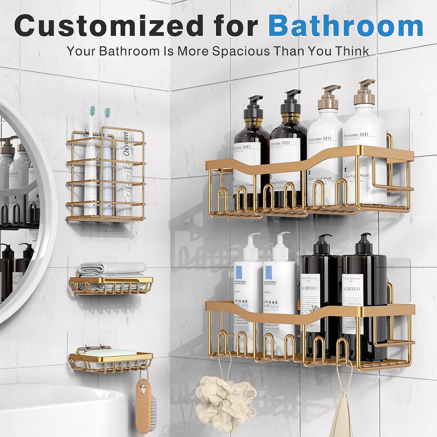 EUDELE 5-Pack Rustproof Stainless Steel Shower Caddy – No Drill Adhesive Bathroom Organizer with Large Capacity, Spacious Shower Shelves for Inside Shower, Kitchen & Home Decor Storage - PuriLite