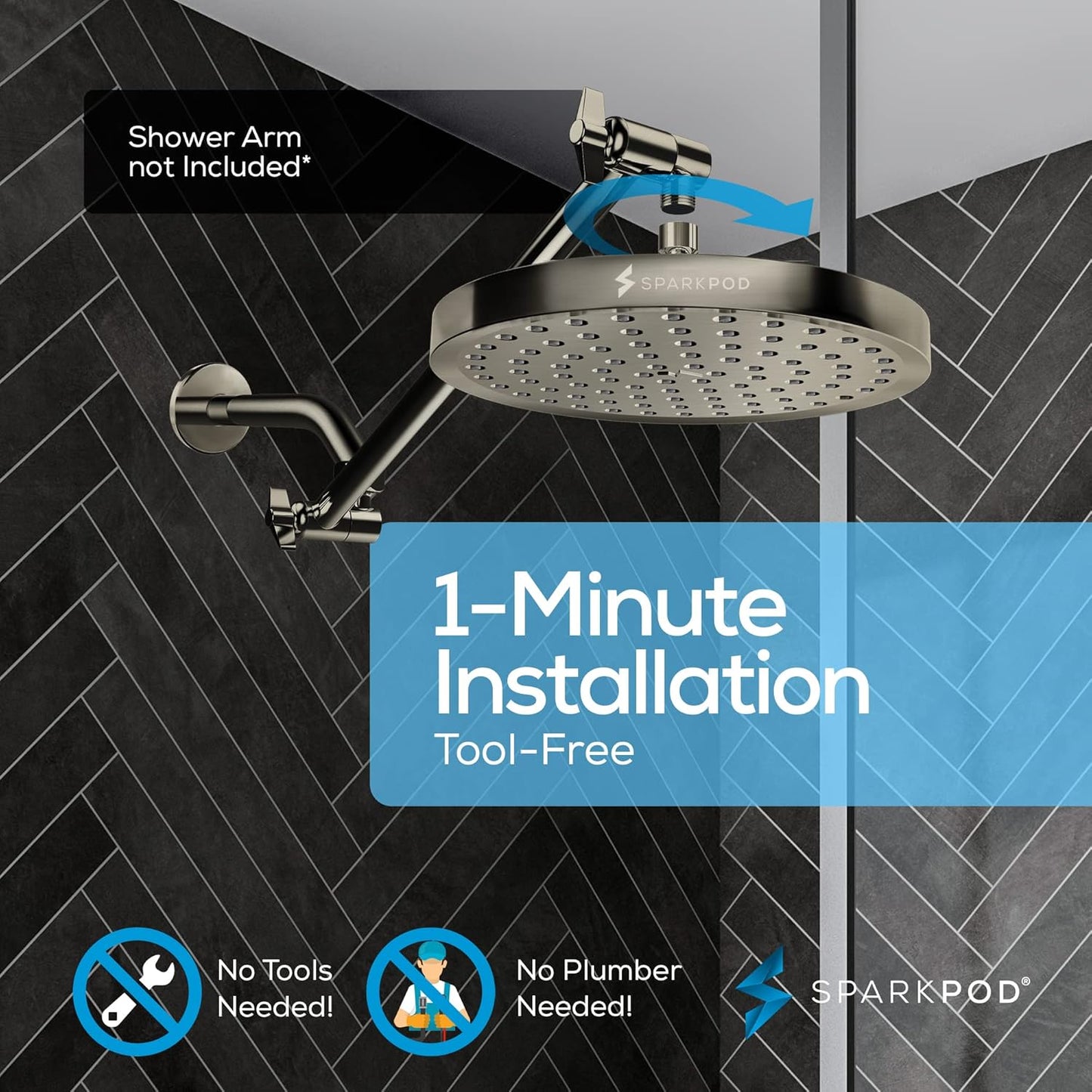SparkPod Shower Head - High Pressure Rain - Premium Quality Luxury Design - 1-Min Install - Easy Clean Adjustable Replacement for Your Bathroom Shower Heads (Luxury Polished Chrome, 6 Inch Round)