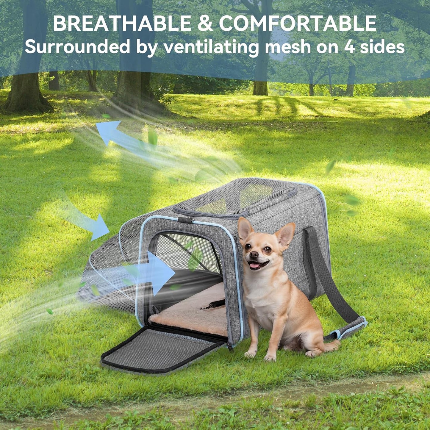 Petsfit Expandable Cat Dog Carrier Airline Approved, 17" L x 11" W x 11" H Soft-Sided Portable Pet Travel Carrier for Kitten, Puppy, Removable Soft Plush Mat and Pockets, Auto-Locking Zippers