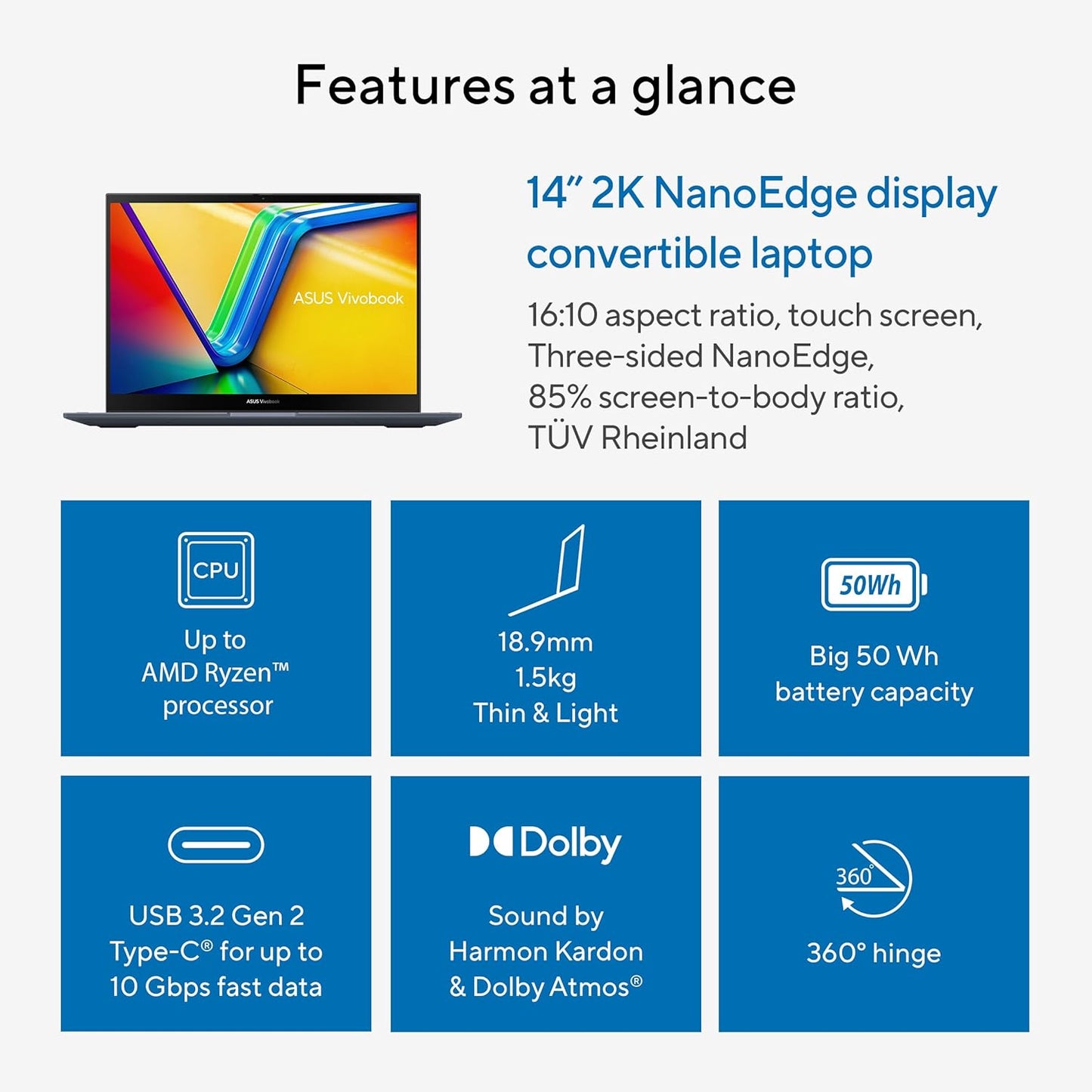 ASUS Vivobook S 14 Flip Laptop, 14” WUXGA 16:10 Touch Display, AMD Ryzen 7 7730U CPU, AMD Radeon™ Graphics, 16GB RAM, 512GB SSD, Fingerprint Sensor, Windows 11 Home, Quiet Blue, TN3402YA-AS71-CA