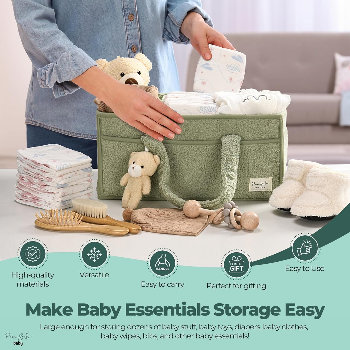 PeraBella Baby Diaper Caddy Organizer, Baby Organizers and Storage for Changing Table, Babies Shower Gift Basket for Boy &Girl, Nursery Essentials Car Caddy Organizer with Handle, White Diaper Basket