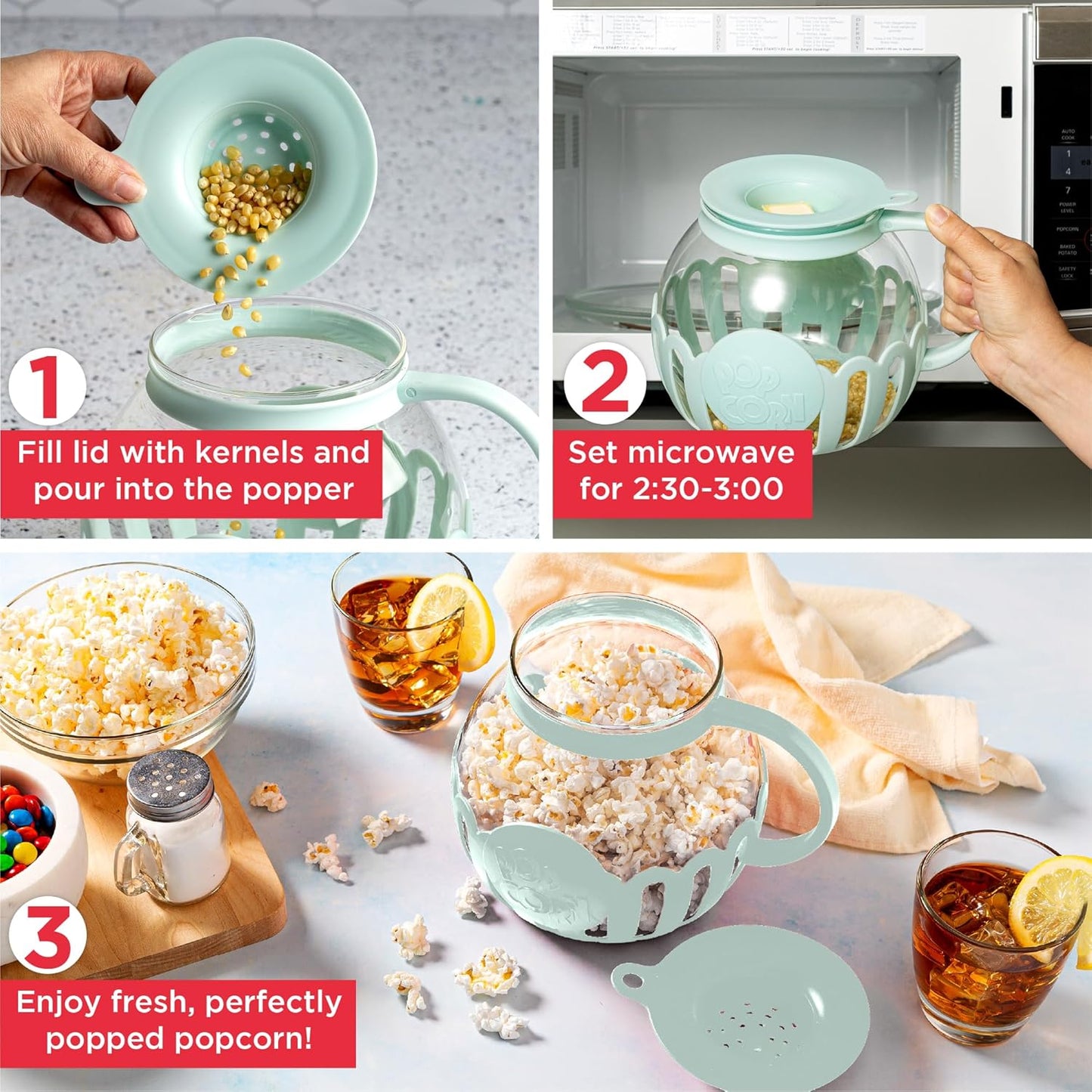 Ecolution Patented Micro-Pop Microwave Popcorn Popper with Temperature Safe Glass, 3-in-1 Lid Measures Kernels and Melts Butter, Made Without BPA, Dishwasher Safe, 3-Quart, Aqua - PuriLite