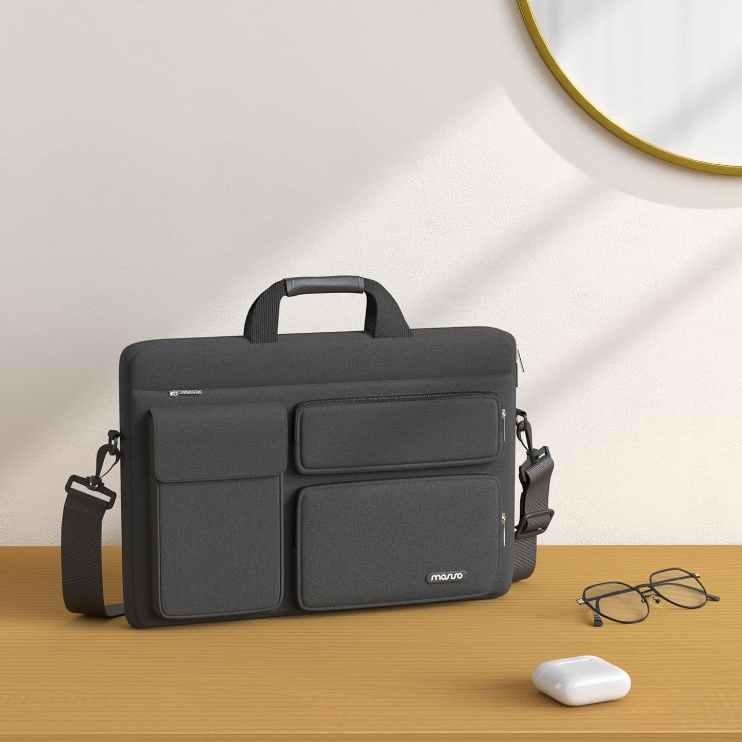 MOSISO Laptop Bag 13.3 inch, 13-13.3 inch Computer Shoulder Bag Compatible with MacBook Air/Pro 13/Pro 14, HP Dell ASUS Notebook &2 Raised&1 Flapover&1 Horizontal Pocket&Handle&Belt, Black