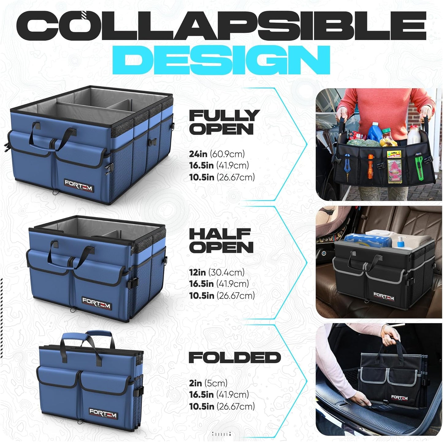 FORTEM Car Trunk Organizer, Collapsible Multi Compartment Car Organizer, Foldable SUV Storage for Car Accessories for Women Men, Non Slip Bottom, Securing Straps, Soft Cover 50L (Black, Standard)