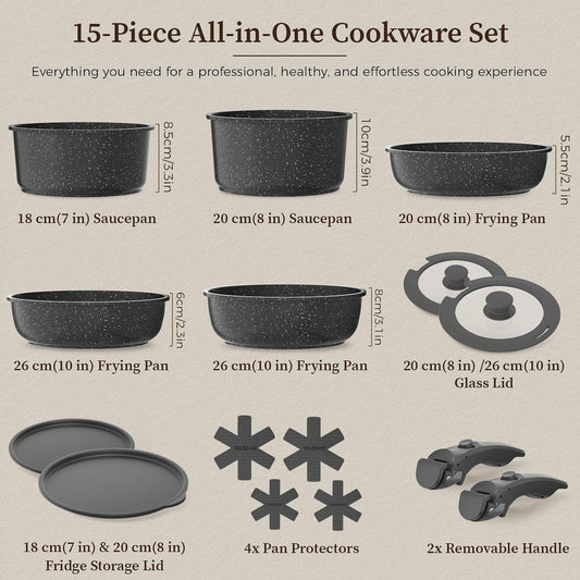 YASHE 15Pcs Nonstick Pots and Pans Set with Removable Handle, Oven Safe | Non-Toxic Stackable Cookware Set for RVs, Camping, PFOS/PFOA-Free Induction Compatible