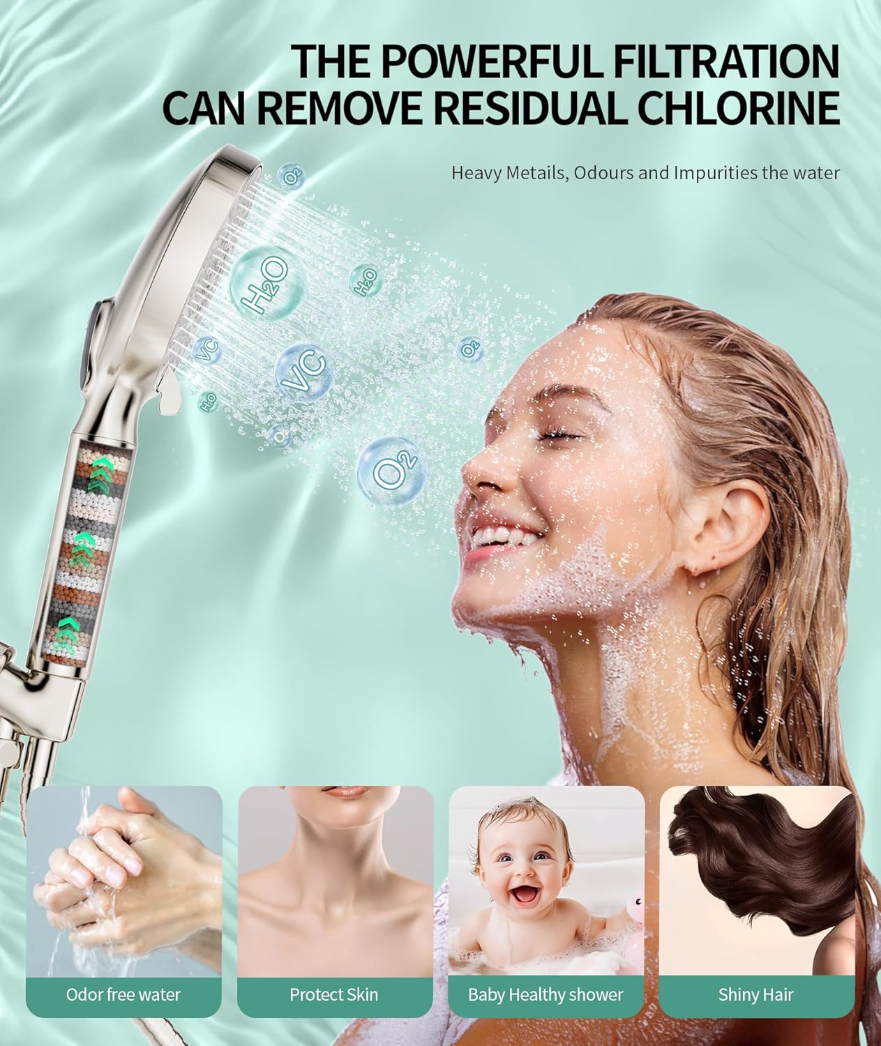 Filtered Shower Head with Handheld, High Pressure 9 Spray Mode Chrome Showerhead with Filters,Detachable Shower Head,Water Softener Filters Beads for Hard Water -Remove Chlorine
