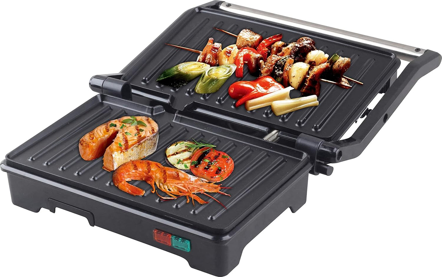Panini Press Grill and Sandwich Maker 180 Degree Open Ceramic Plates Stainless Steel Finish