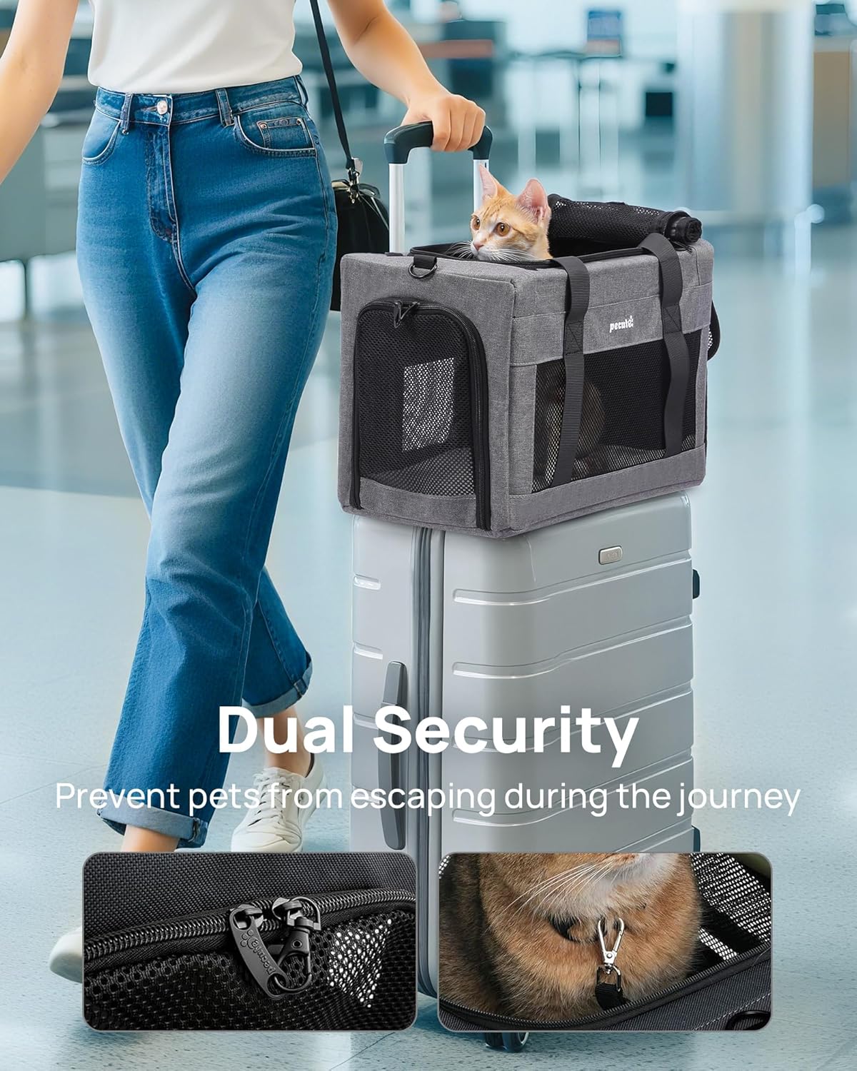 Pecute Cat Carrier Airline Approved, Thickened 5mm Steel Wire Frame, Stable Dog Carrier for Small Dogs, Breathable Foldable Pet Carrier with Sunshade, Suitable for Pets up to 5kg/11lbs (Dark Gray)
