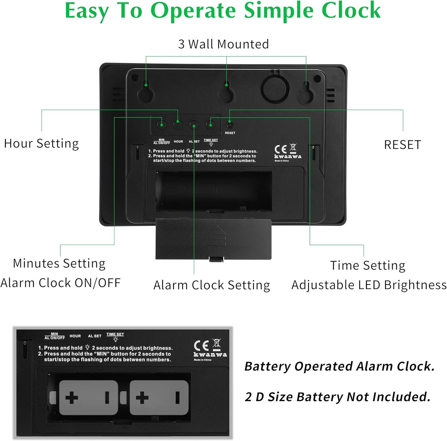 Wall Clock, Digital Clock, 8" Extra Large Display, 3" Big LED Number, Battery Operated, Adjustable Brightness, Clock for Bedroom, for Desk, Wall Mounted