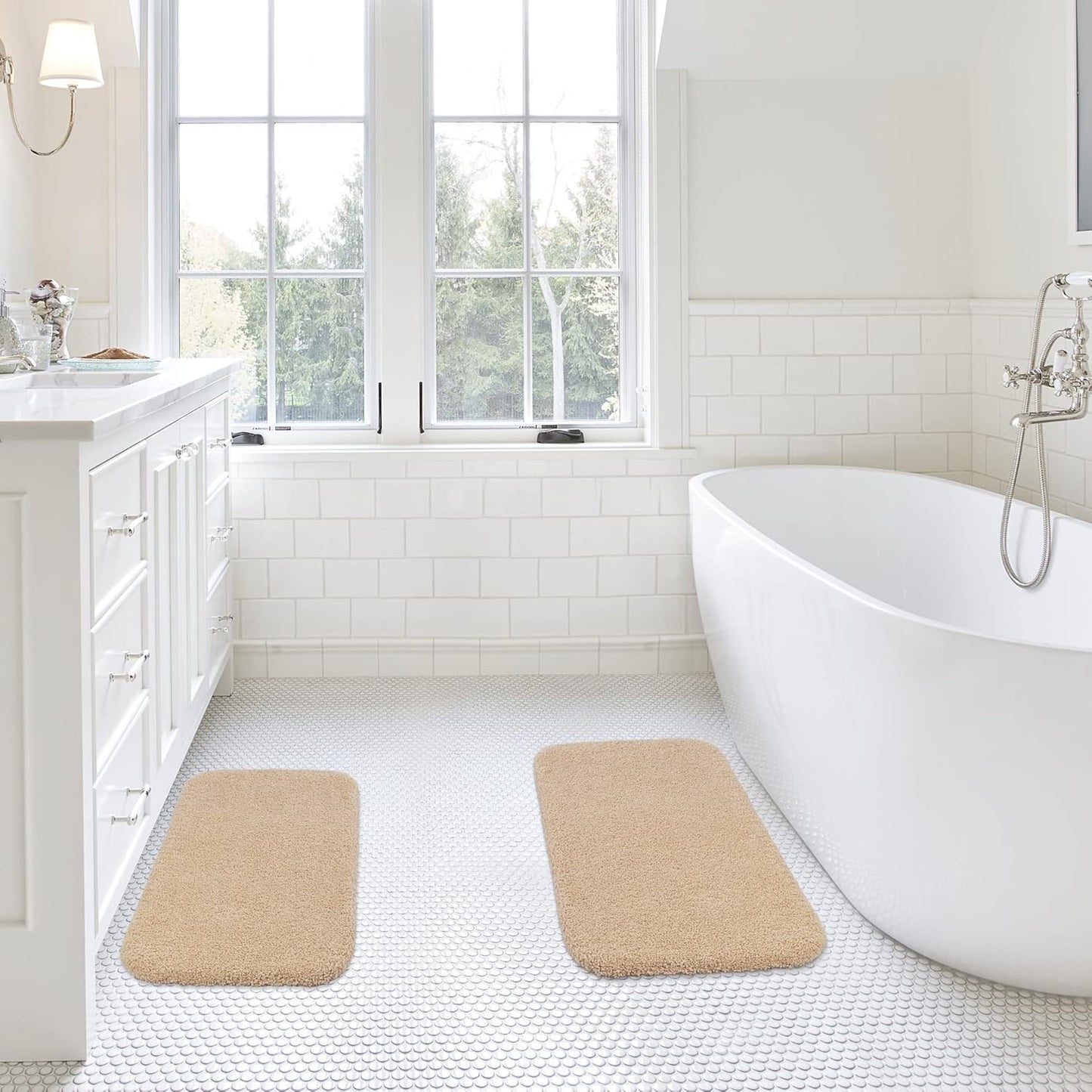 Bathroom Rugs Set 2 Pieces - Bath Rugs Ultra Soft Absorbent Non-Slip Fluffy Thick Microfiber Cozy Bath Mats Set for Tub Shower Bathroom Floors Accessories, 20"x32" & 16"x24" Set of 2 (Beige)