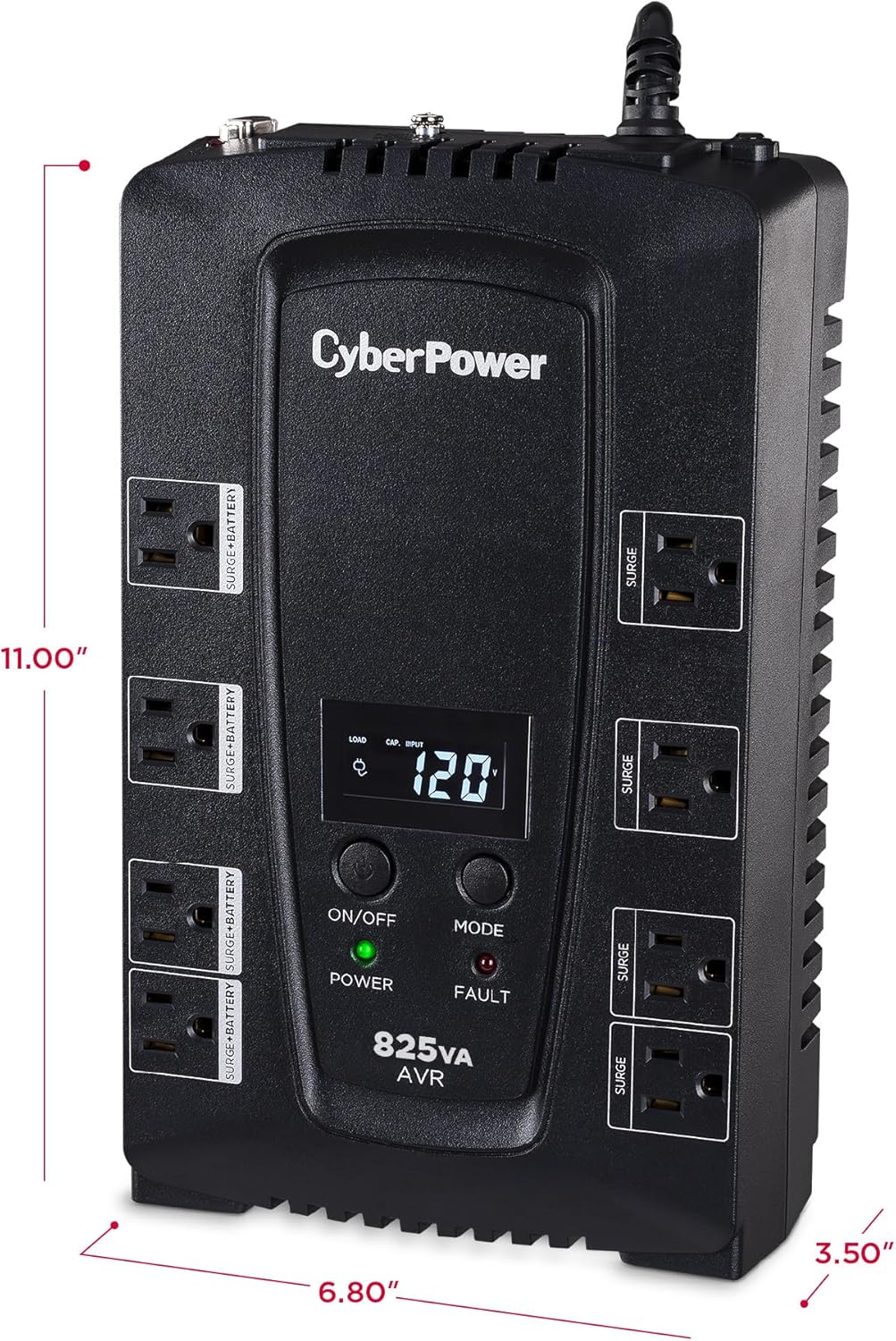 CyberPower CP825AVRLCD Intelligent LCD UPS System, 825VA/450W, 8 Outlets, AVR, Compact