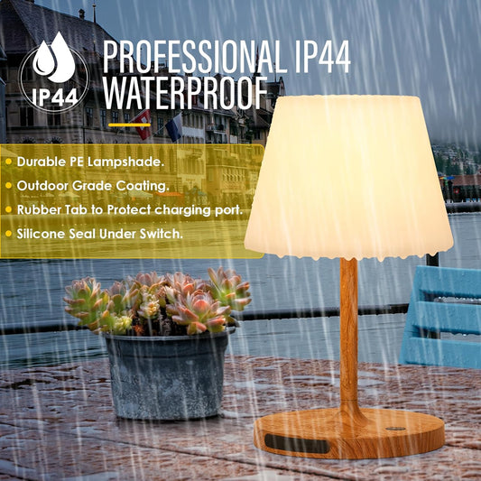 Cordless Outdoor Touch Table Lamp, Waterproof Small Shower Lamp, 4000mAh Battery Operated Rechargeable Dimmable Desk Lamp for Patio, Restaurant, Camping, Home-Wood Grain