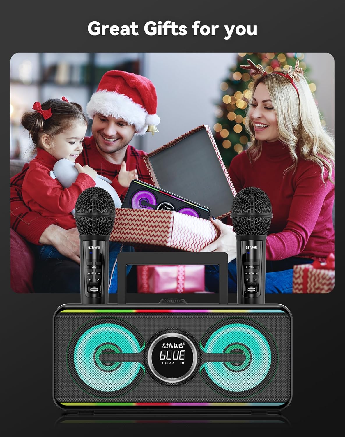 Karaoke Machine for Adults Kids with 2 UHF Wireless Microphones,Portable Bluetooth Singing PA Speaker System with LED Lights for Home Party,Outdoor/Indoor/Wedding,Church,Picnic,Birthday Gifts (SK1)