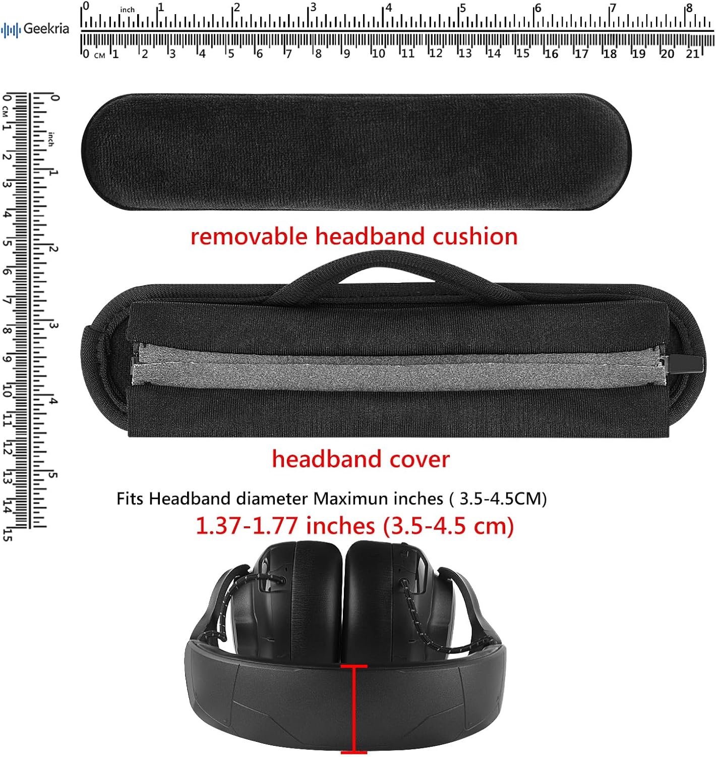 Geekria Hook and Loop Headband Cover + Pad Set, Protector with Zipper Closure Compatible with Medium Sized Headphones, Easy DIY Installation (Protein Leather/Black)