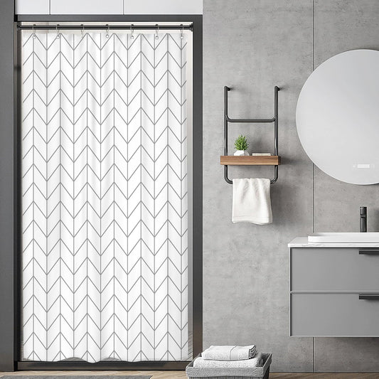 Riyidecor Stall Small RV Gray White Grey Bathroom Shower Curtain Liner 36Wx72H Inch Half Single Narrow Walkin Standing Little Size Dorm Chevron Herringbone Geometric Tiny Fabric Polyester Waterproof - PuriLite